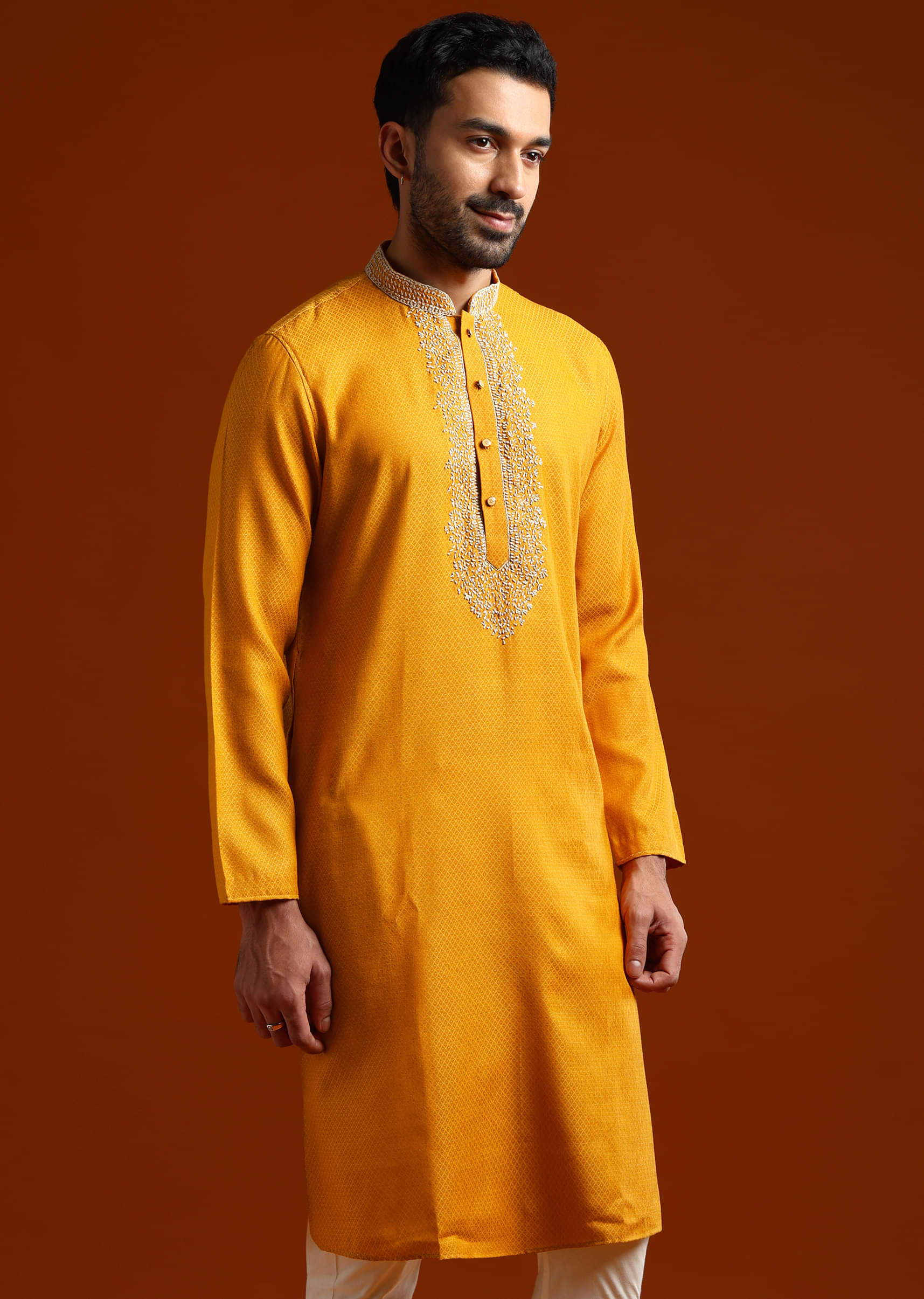 Yellow Kurta Set For Men With Thread Embroidery - Image 4
