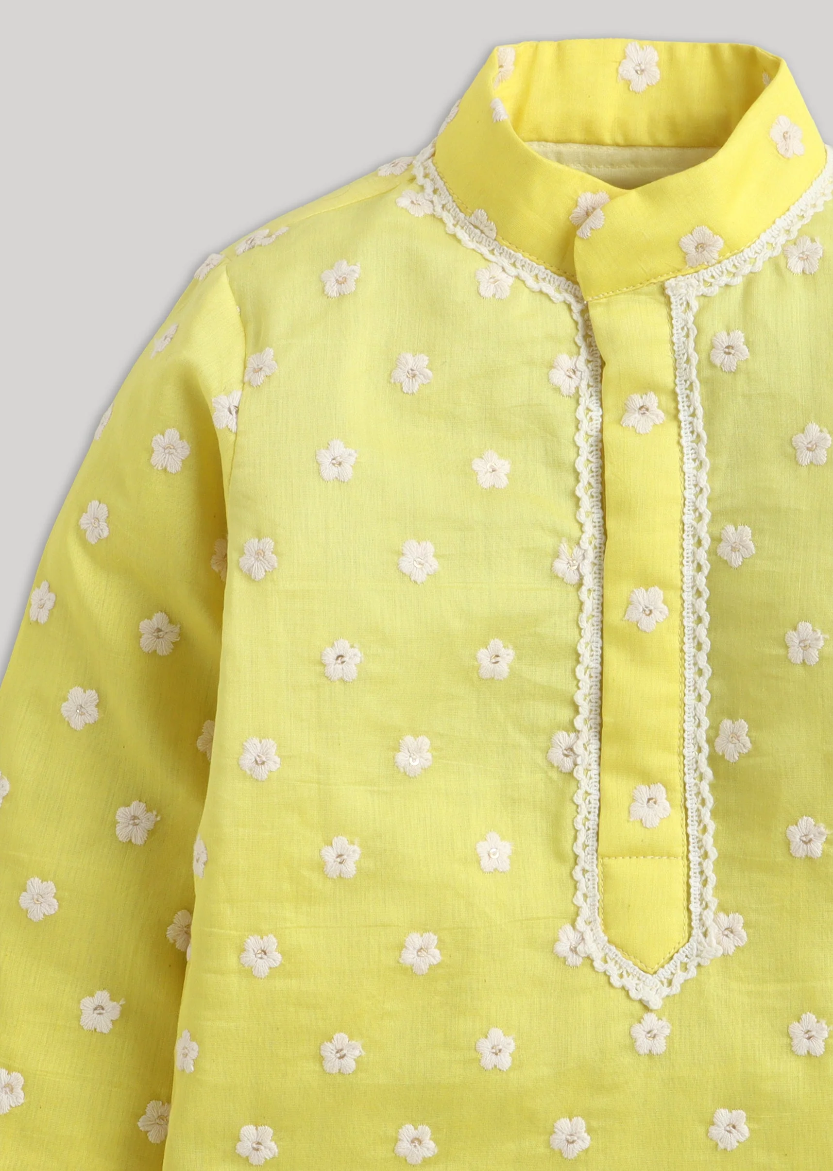 Yellow Kurta Set With Embroidery And Mandarin Collar - Image 5