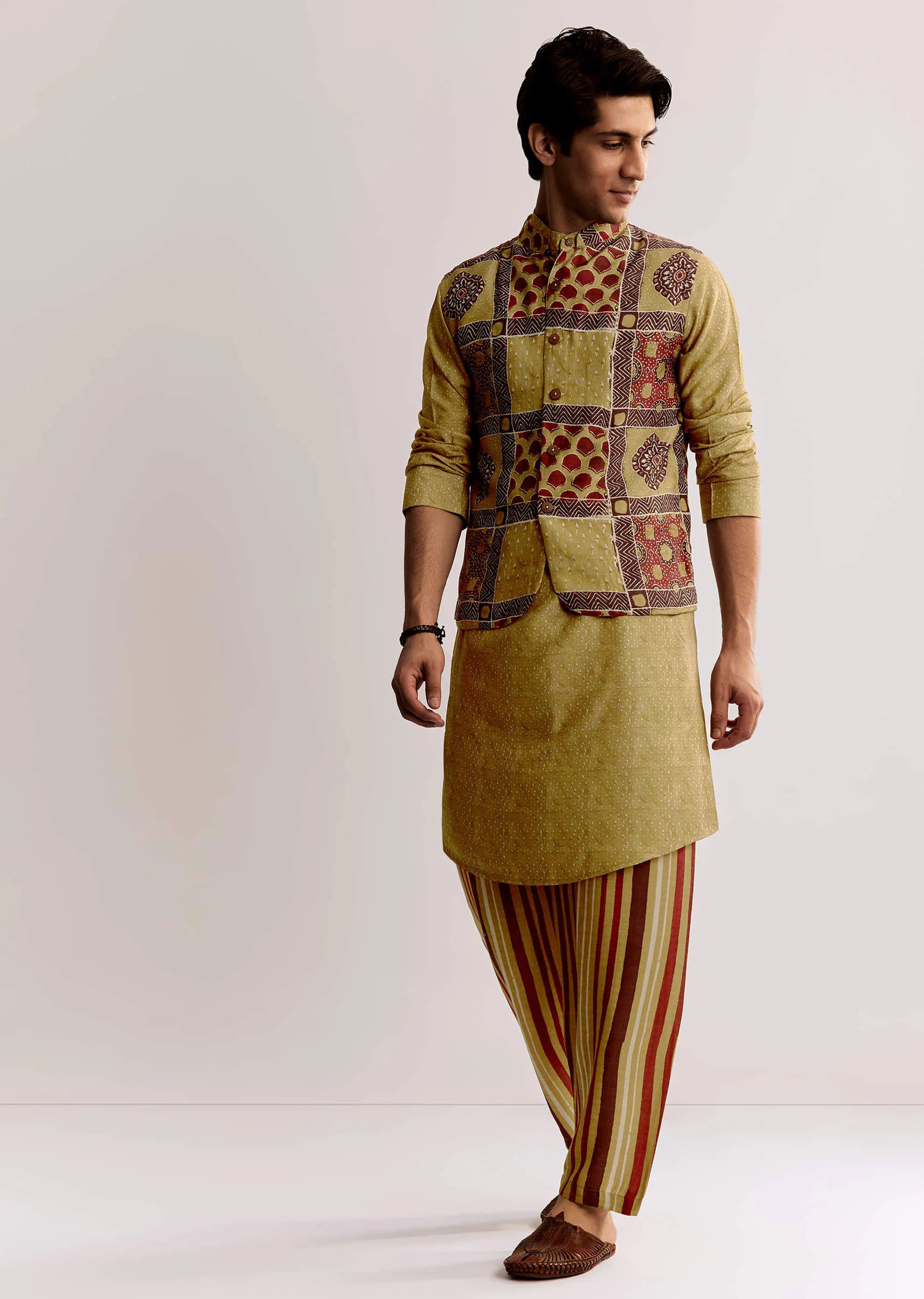 Yellow Linen Kurta Jacket Set With Ajrakh Print - Image 2