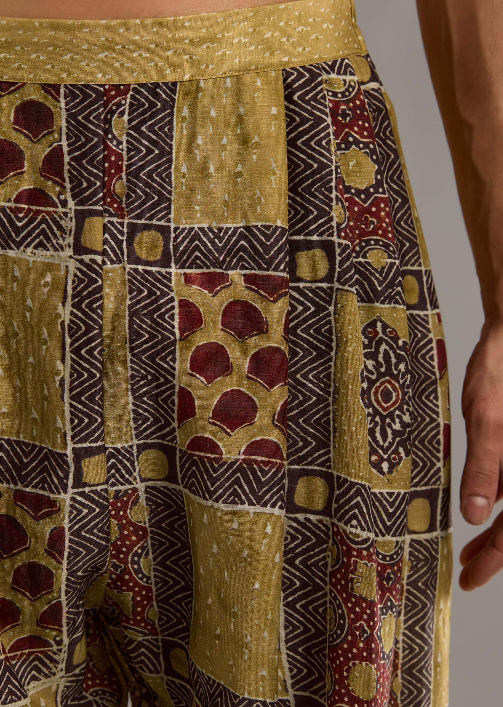 Yellow Linen Kurta Set For Men With Hand Block Ajrakh Print - Image 6