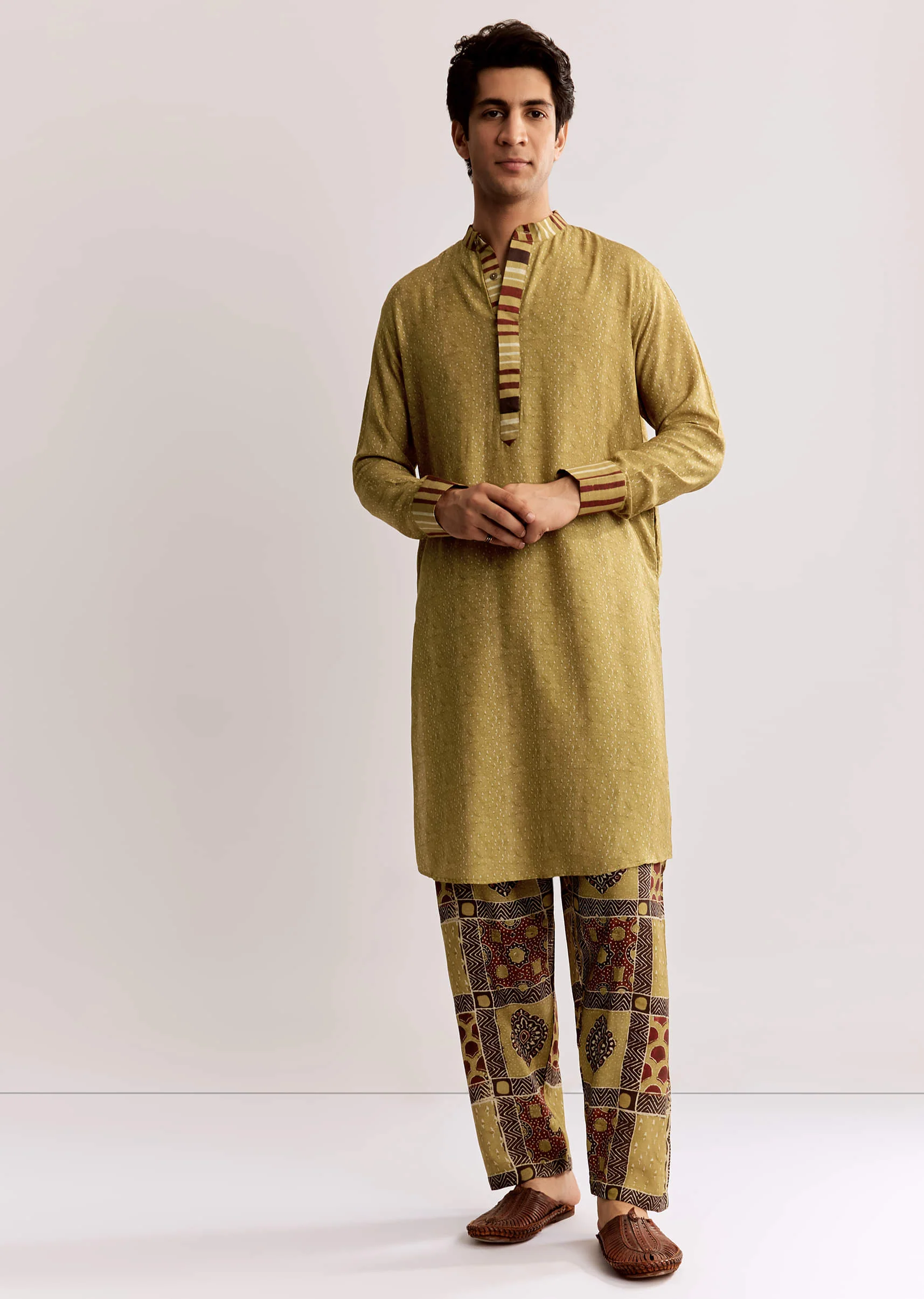 Yellow Linen Kurta Set With Ajrakh Print - Image 2