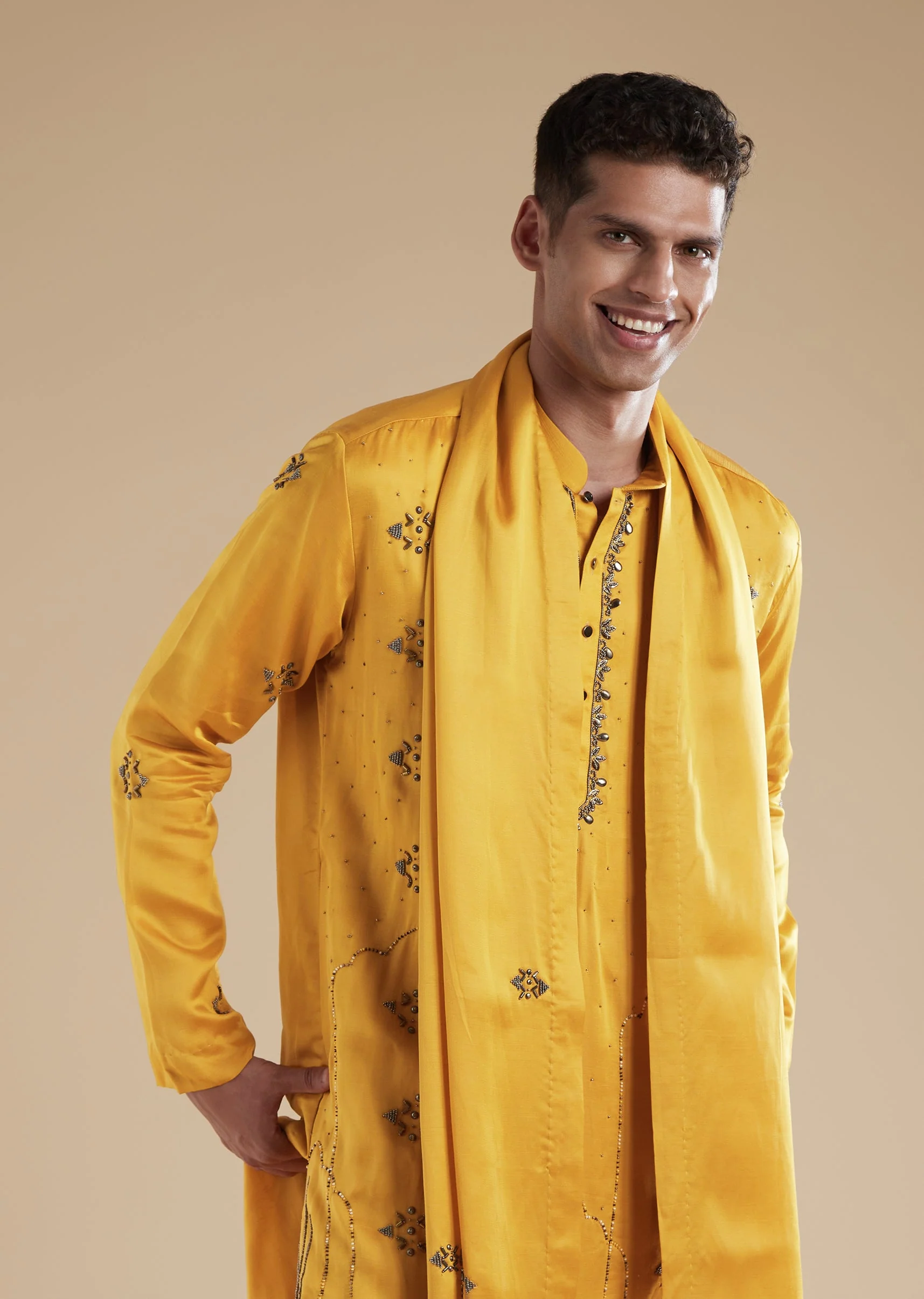 Yellow Linen Satin Mens Kurta Set with Metal Beads Detail Work - Image 2