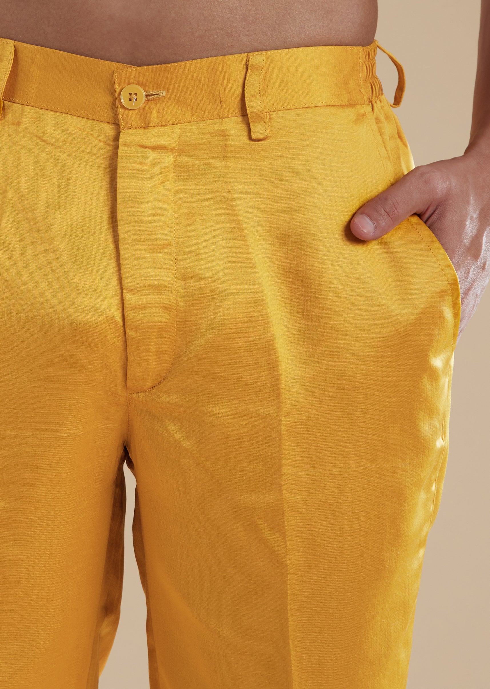 Yellow Linen Satin Mens Kurta Set with Metal Beads Detail Work - Image 6