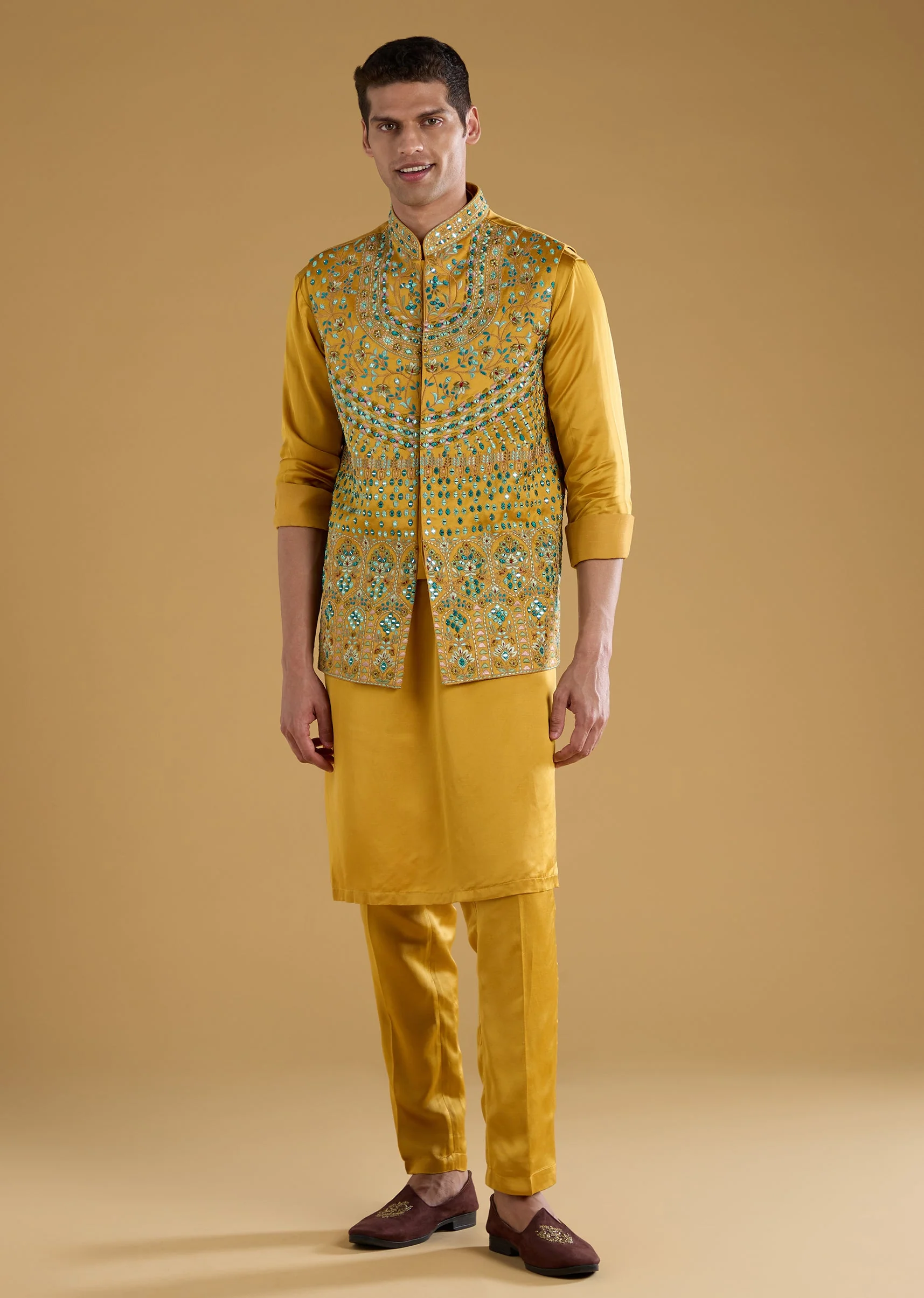 Yellow Linen Satin Silk Embroidered Mens Jacket Kurta Set