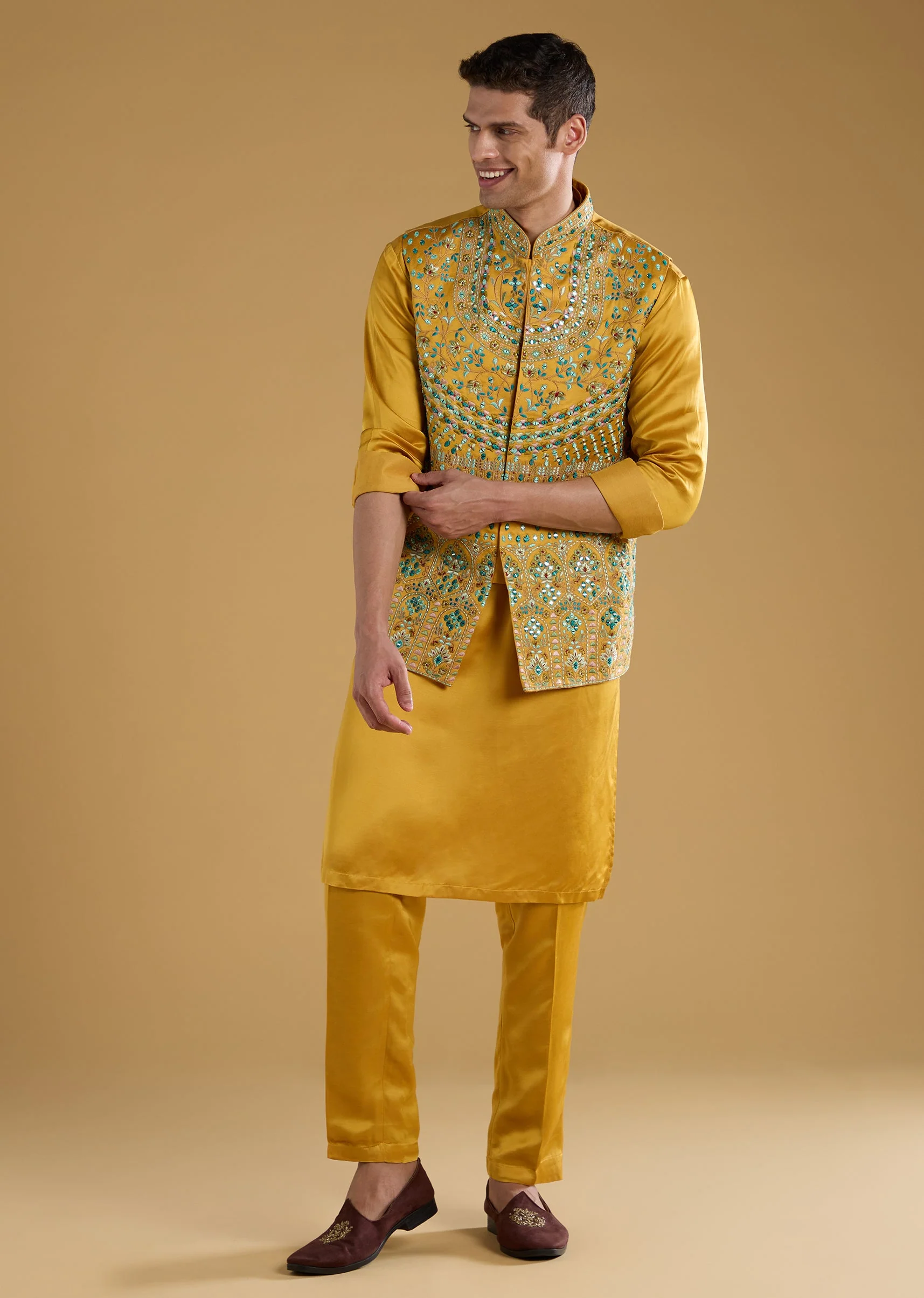 Yellow Linen Satin Silk Embroidered Mens Jacket Kurta Set - Image 3