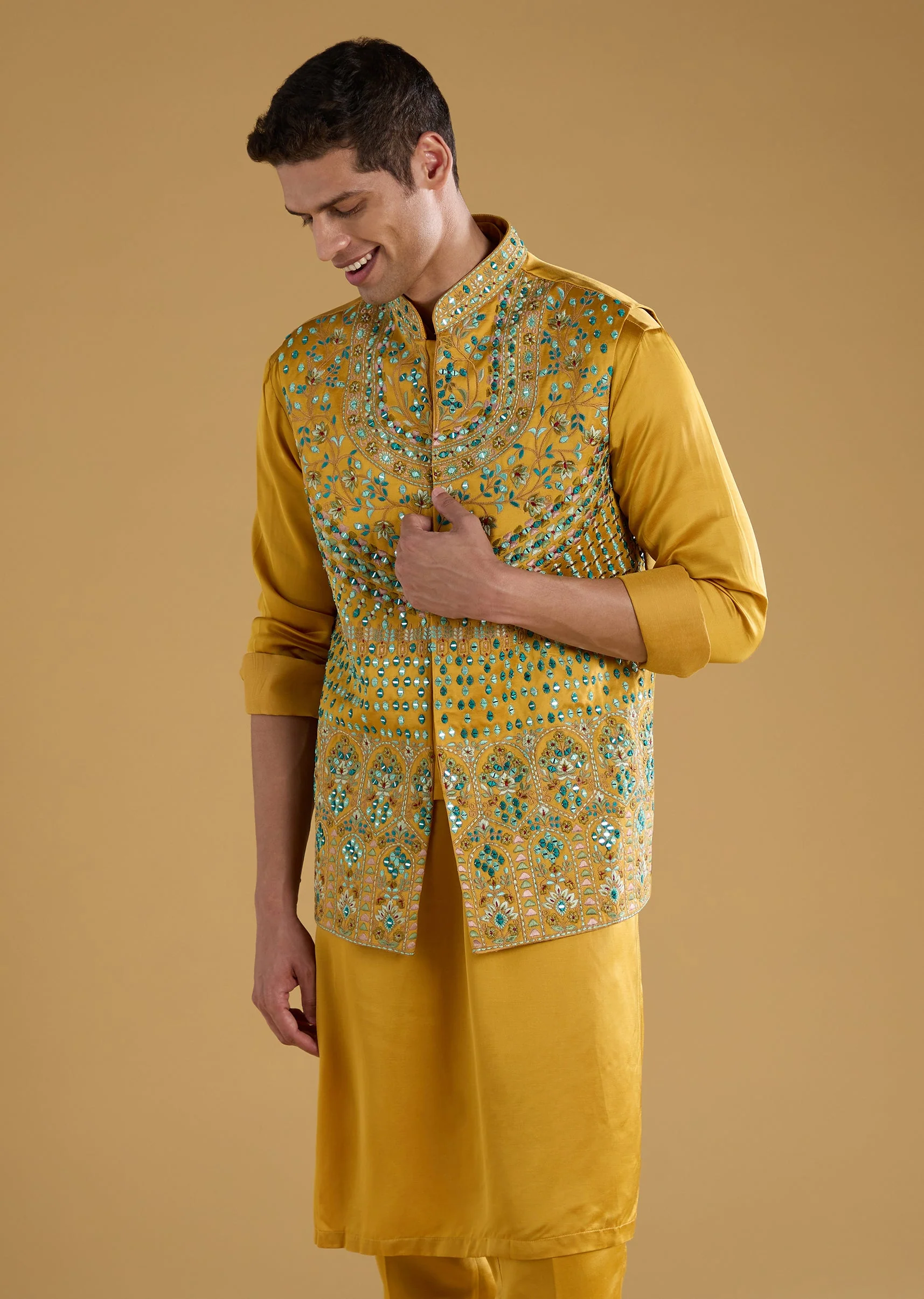 Yellow Linen Satin Silk Embroidered Mens Jacket Kurta Set - Image 4