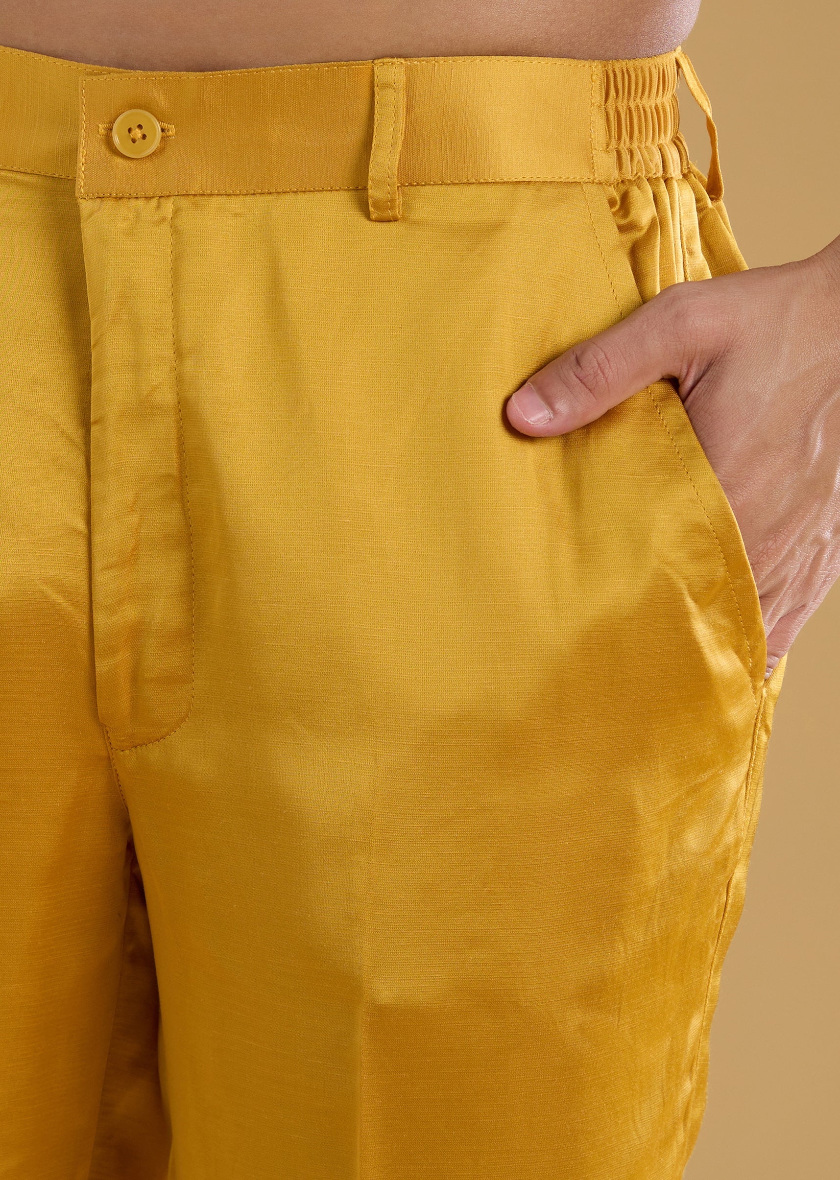 Yellow Linen Satin Silk Embroidered Mens Jacket Kurta Set - Image 7