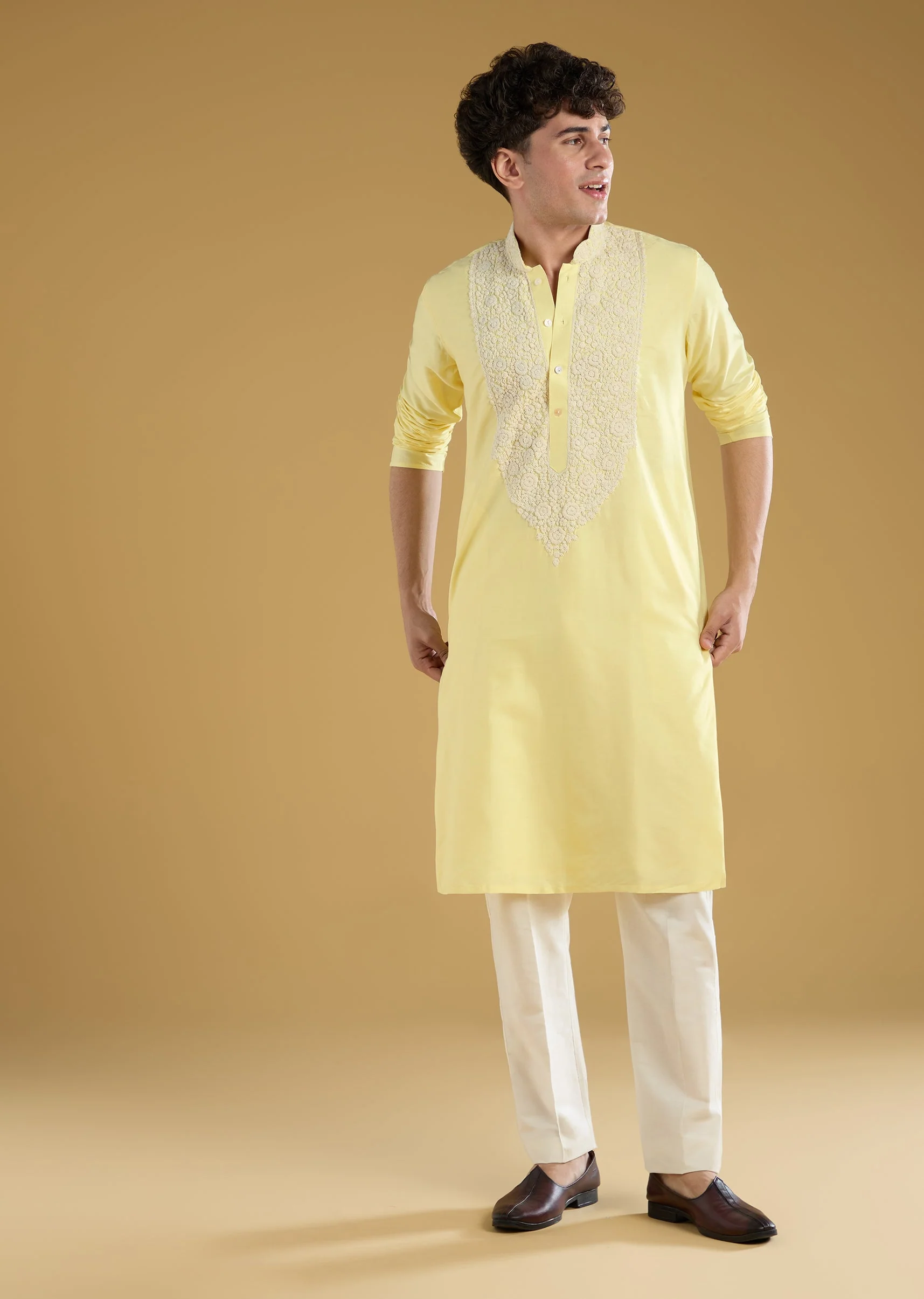 Yellow Mens Kurta Set With Thread Detail - Image 2