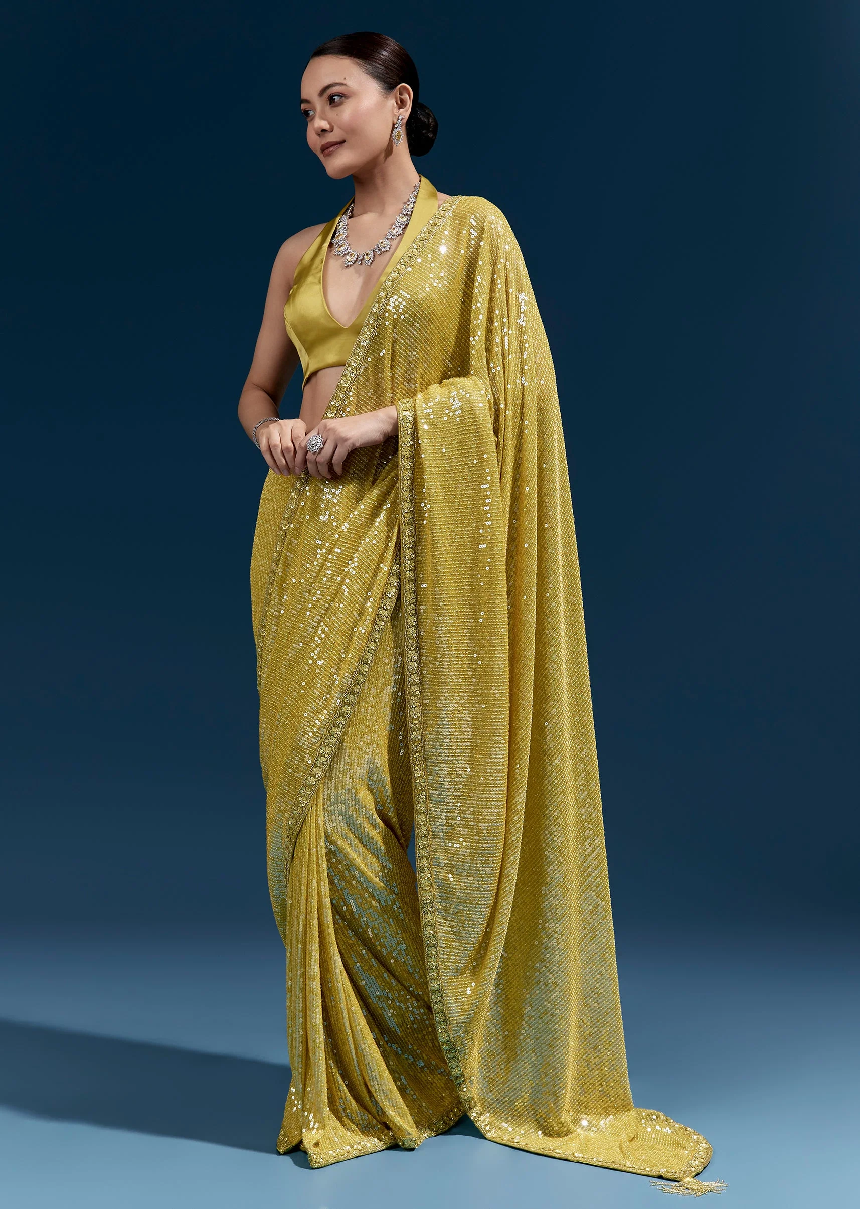 Yellow Net Sequin Saree With Linear All Over Work And Hand Embroidered Floral Border - Image 3