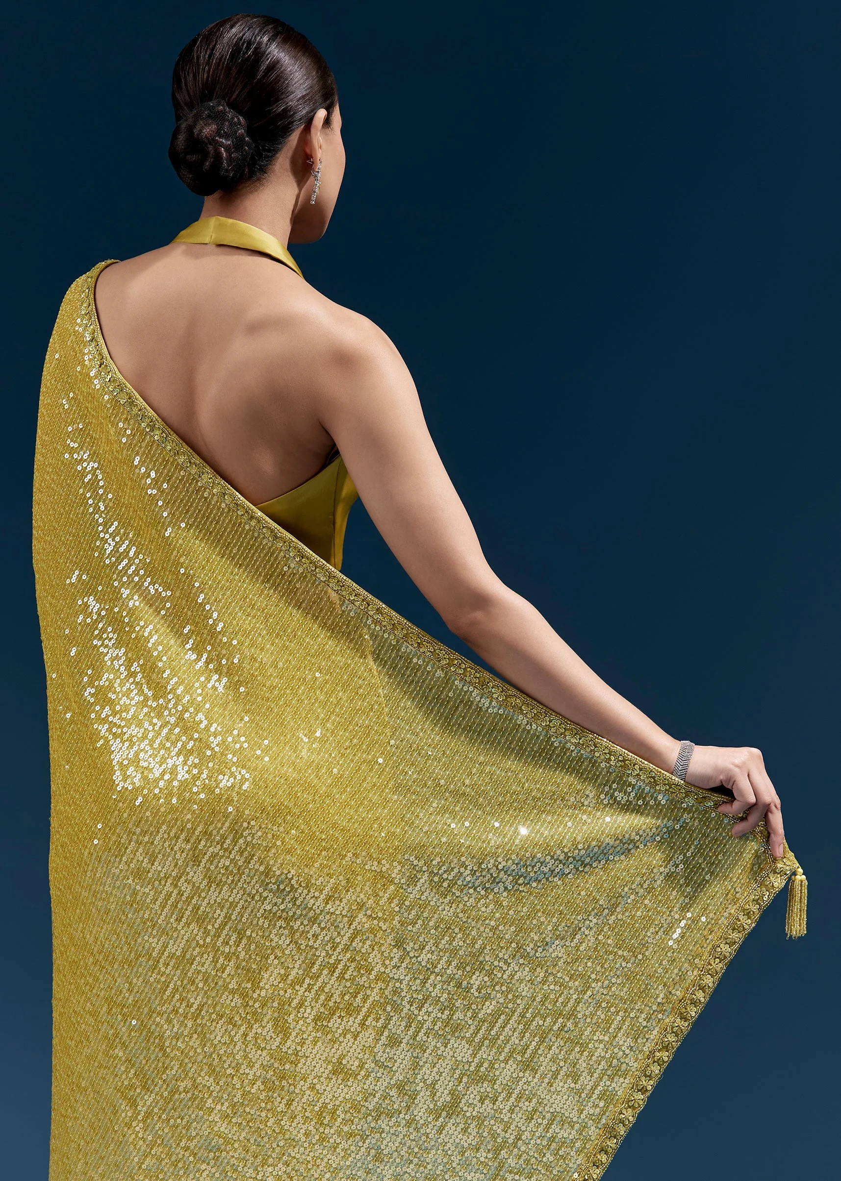 Yellow Net Sequin Saree With Linear All Over Work And Hand Embroidered Floral Border - Image 6
