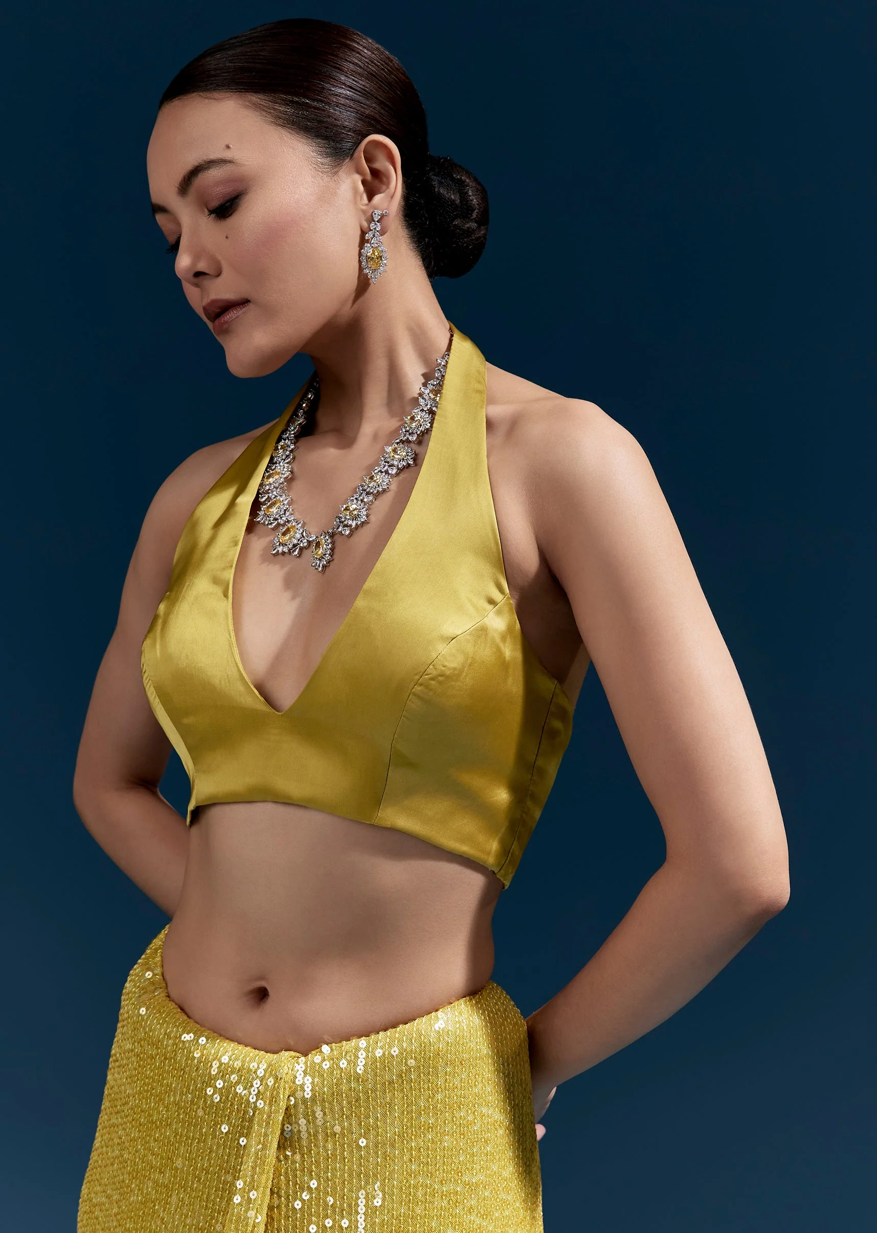 Yellow Net Sequin Saree With Linear All Over Work And Hand Embroidered Floral Border - Image 7
