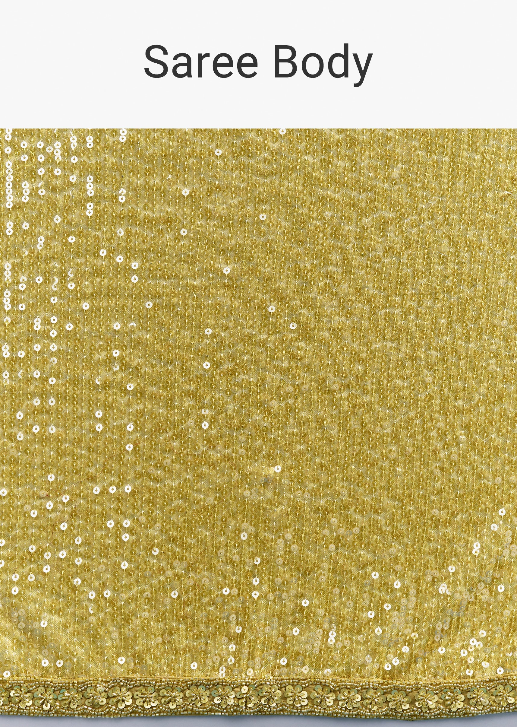 Yellow Net Sequin Saree With Linear All Over Work And Hand Embroidered Floral Border - Image 9