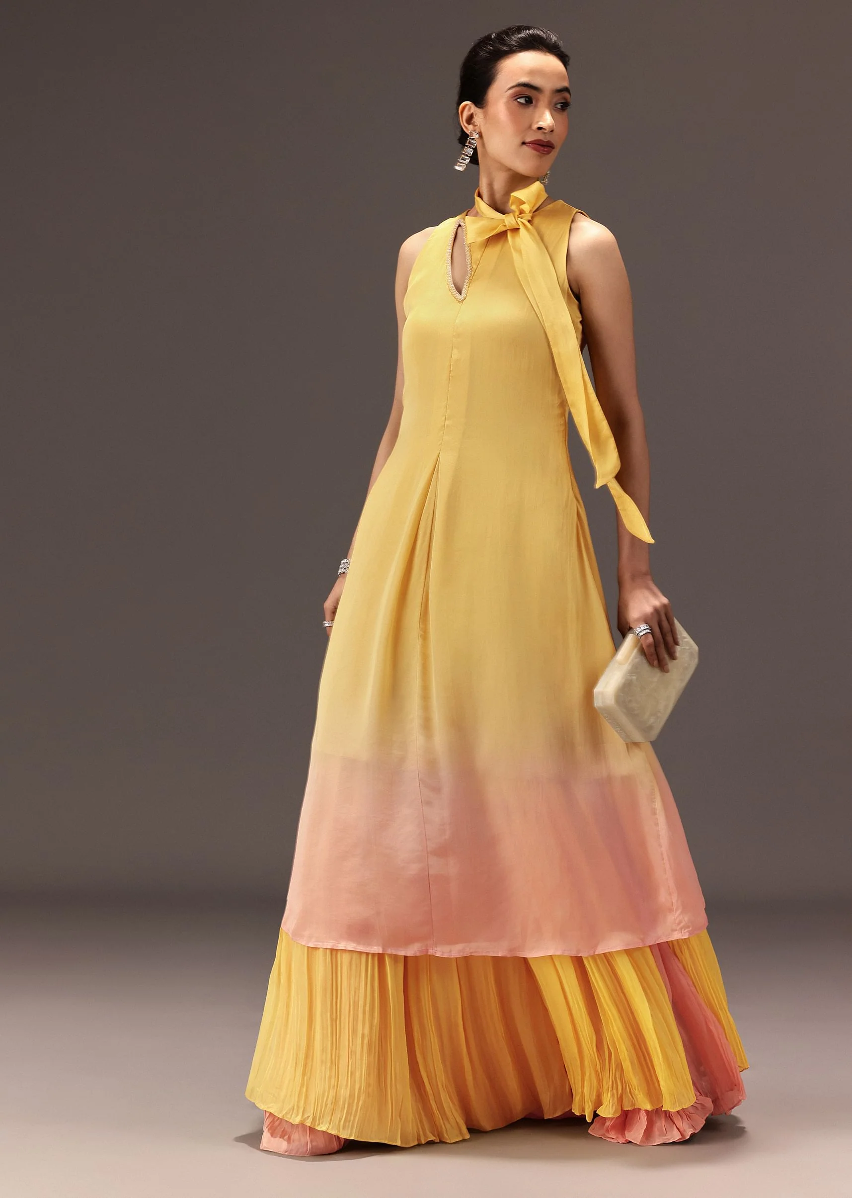 Yellow Ombre Halter Neck Kurta And Palazzo Set - Image 3