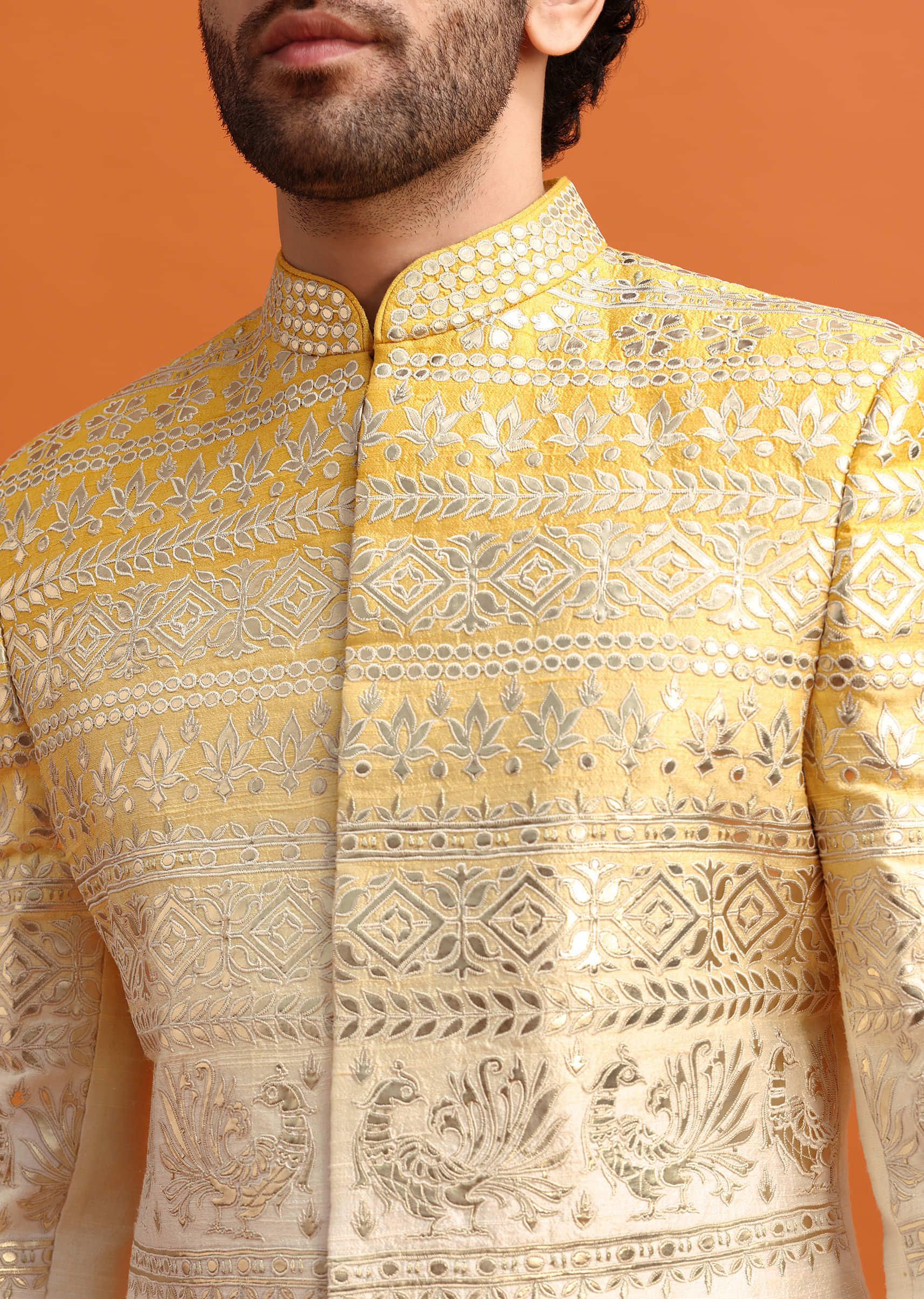 Yellow Ombre Indowestern Set With Foil Applique For Men - Image 2