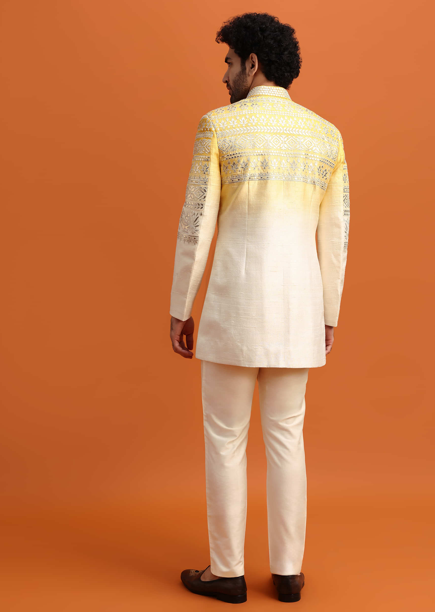 Yellow Ombre Indowestern Set With Foil Applique For Men - Image 5