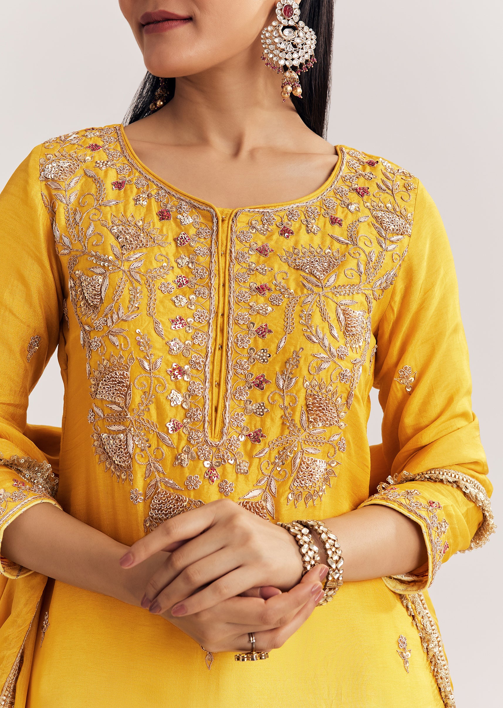 Yellow Ombre Kurta Palazzo Suit With Zardosi And Sequins Work - Image 2