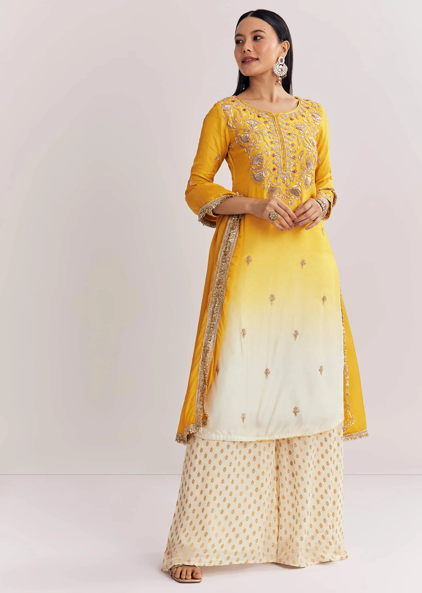 Yellow Ombre Kurta Palazzo Suit With Zardosi And Sequins Work - Image 3
