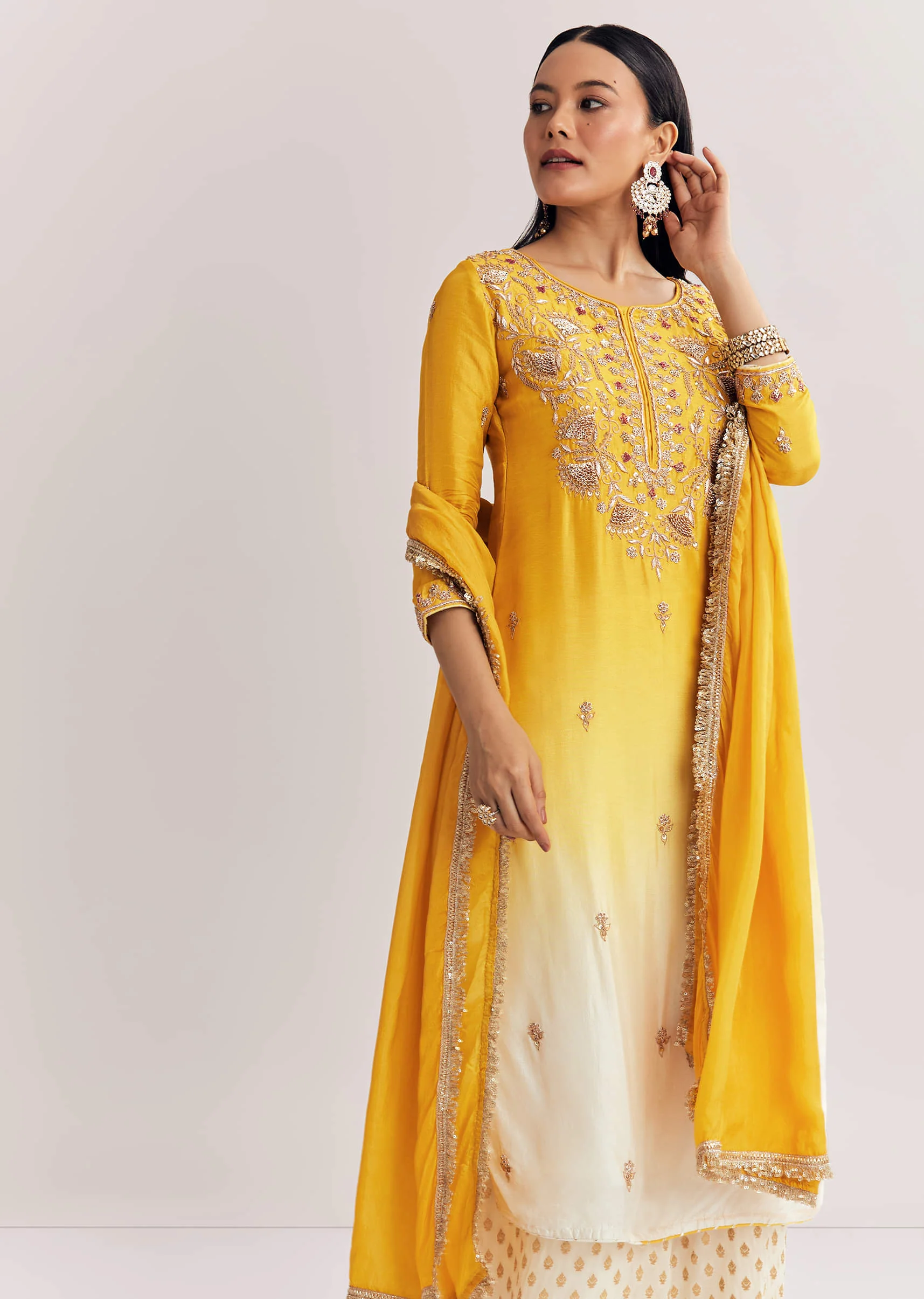 Yellow Ombre Kurta Palazzo Suit With Zardosi And Sequins Work - Image 4