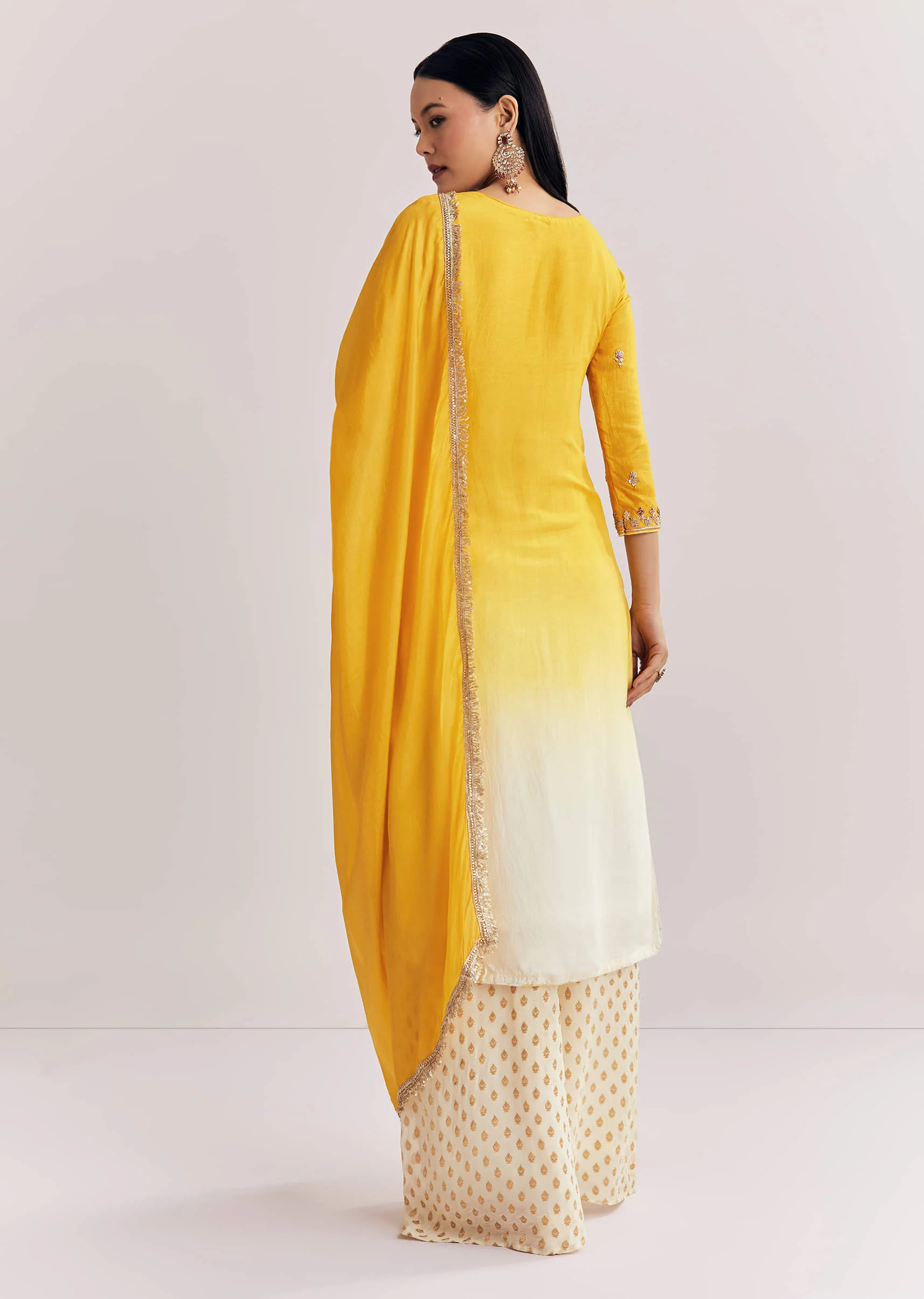Yellow Ombre Kurta Palazzo Suit With Zardosi And Sequins Work - Image 5