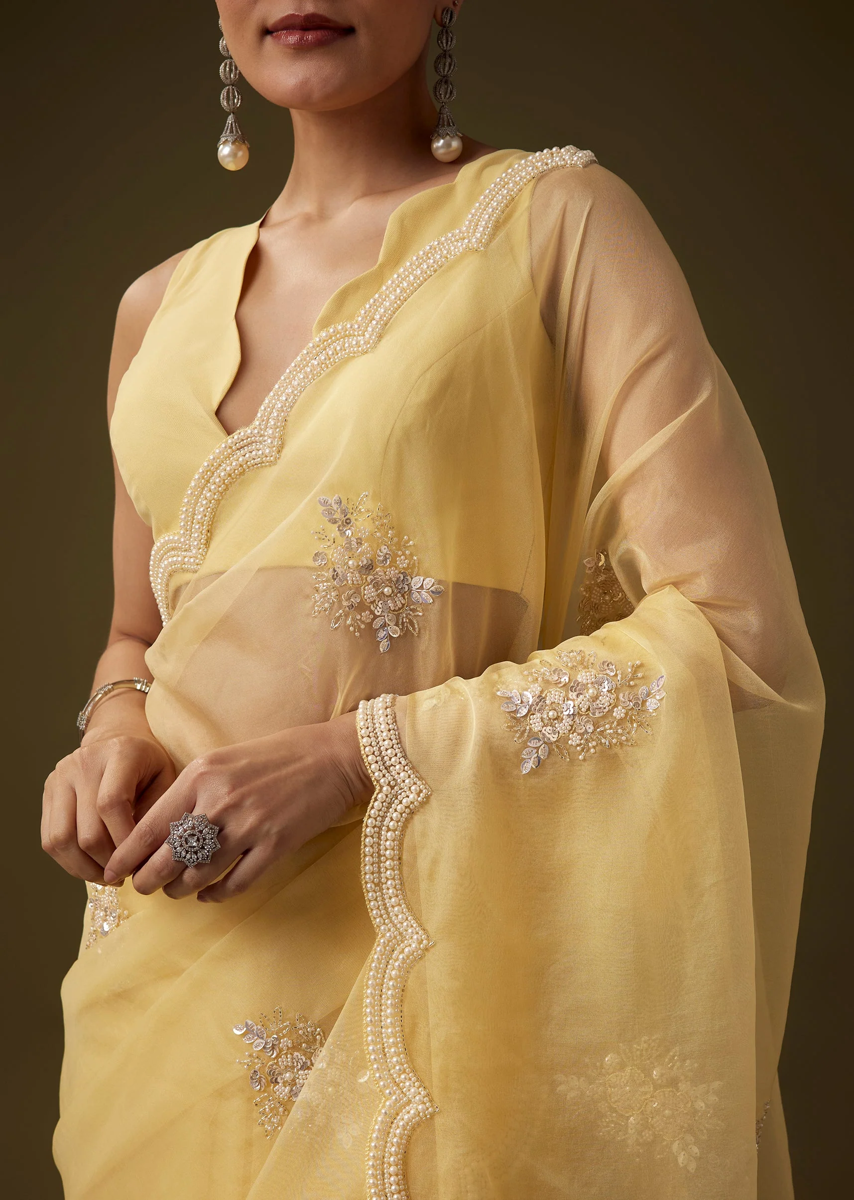 Yellow Organza Embroidered Saree with Unstitched Blouse - Image 2
