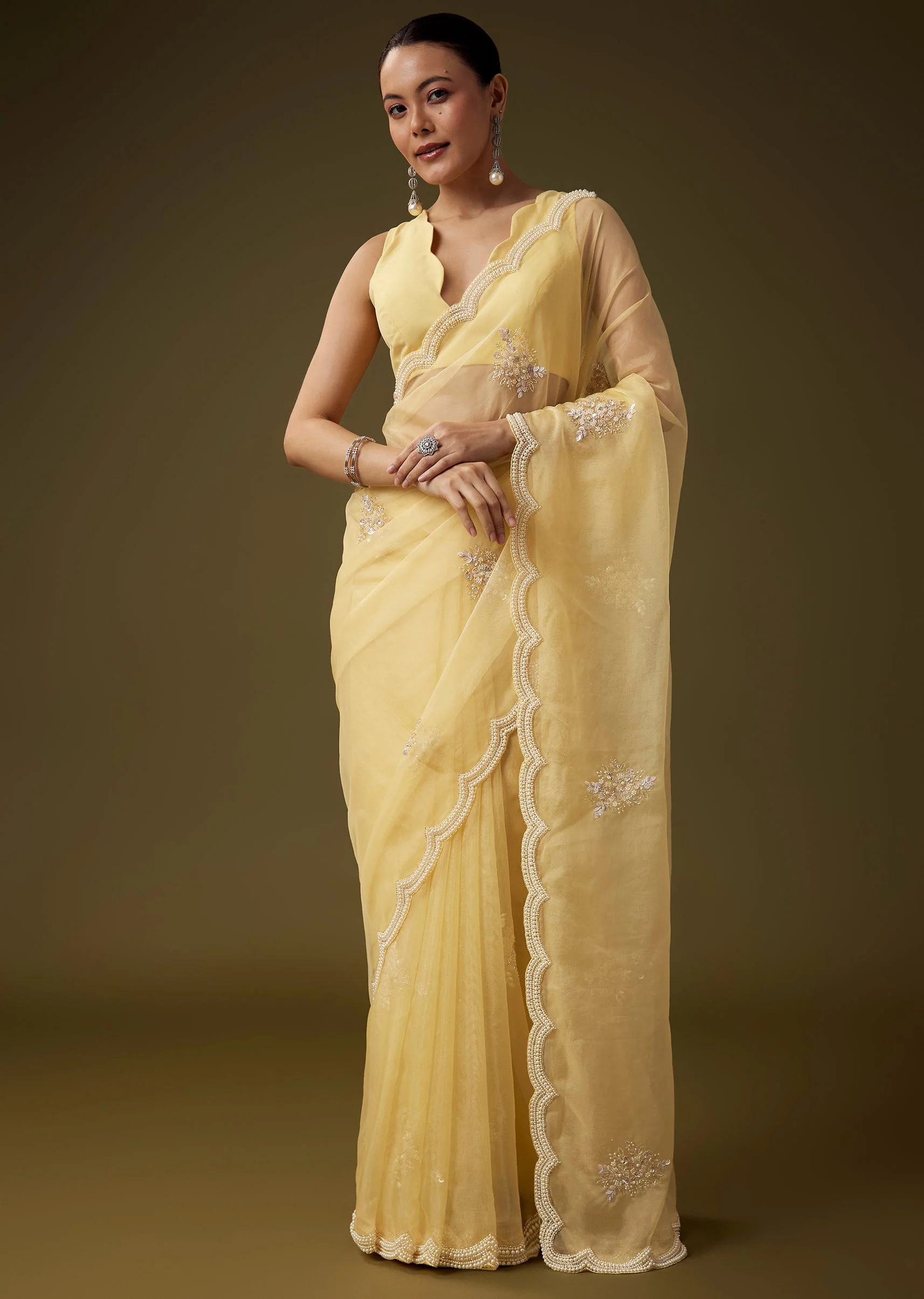 Yellow Organza Embroidered Saree with Unstitched Blouse - Image 3
