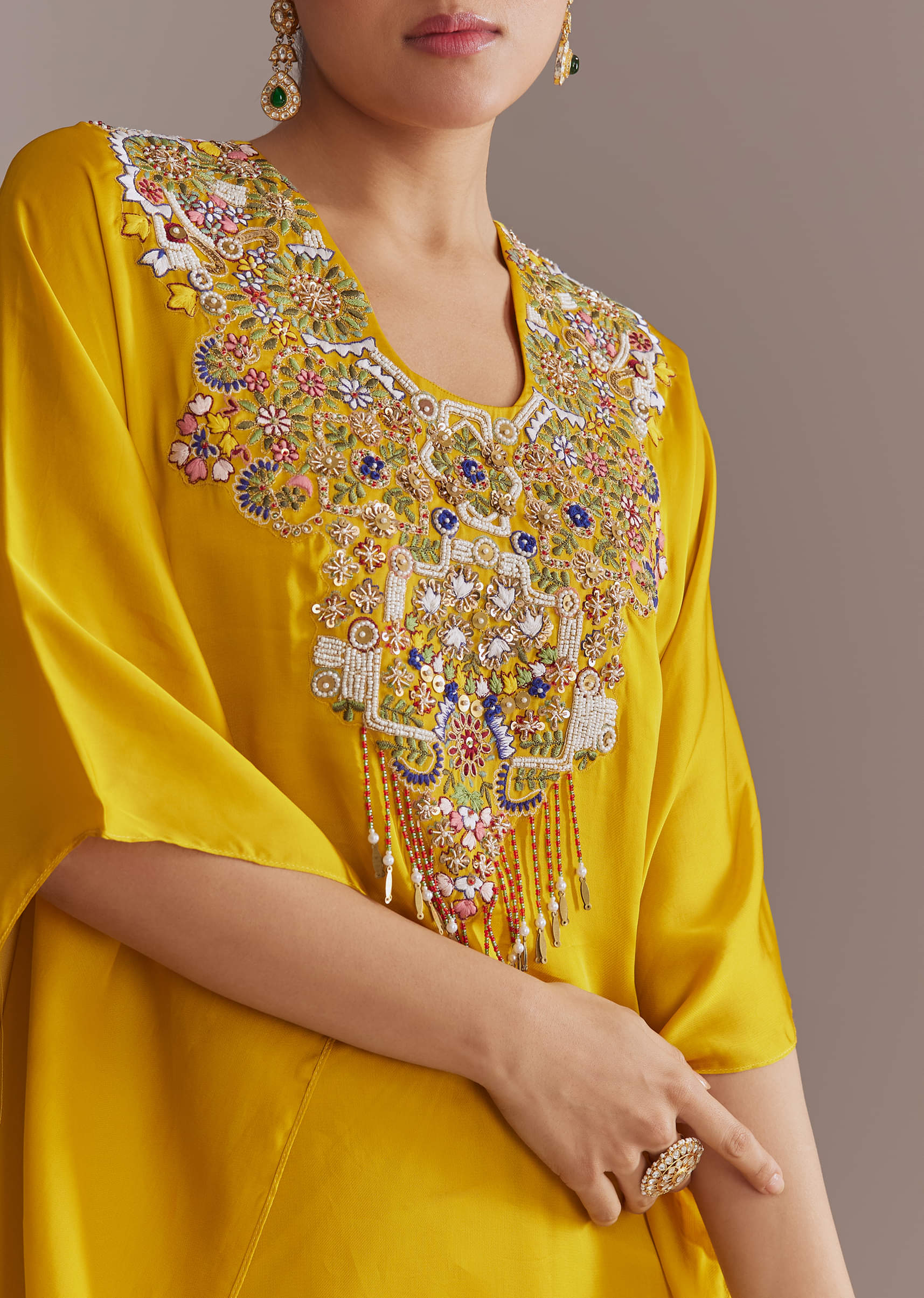 Yellow Organza Kaftan Top And Drape Skirt Set With Resham Work - Image 2