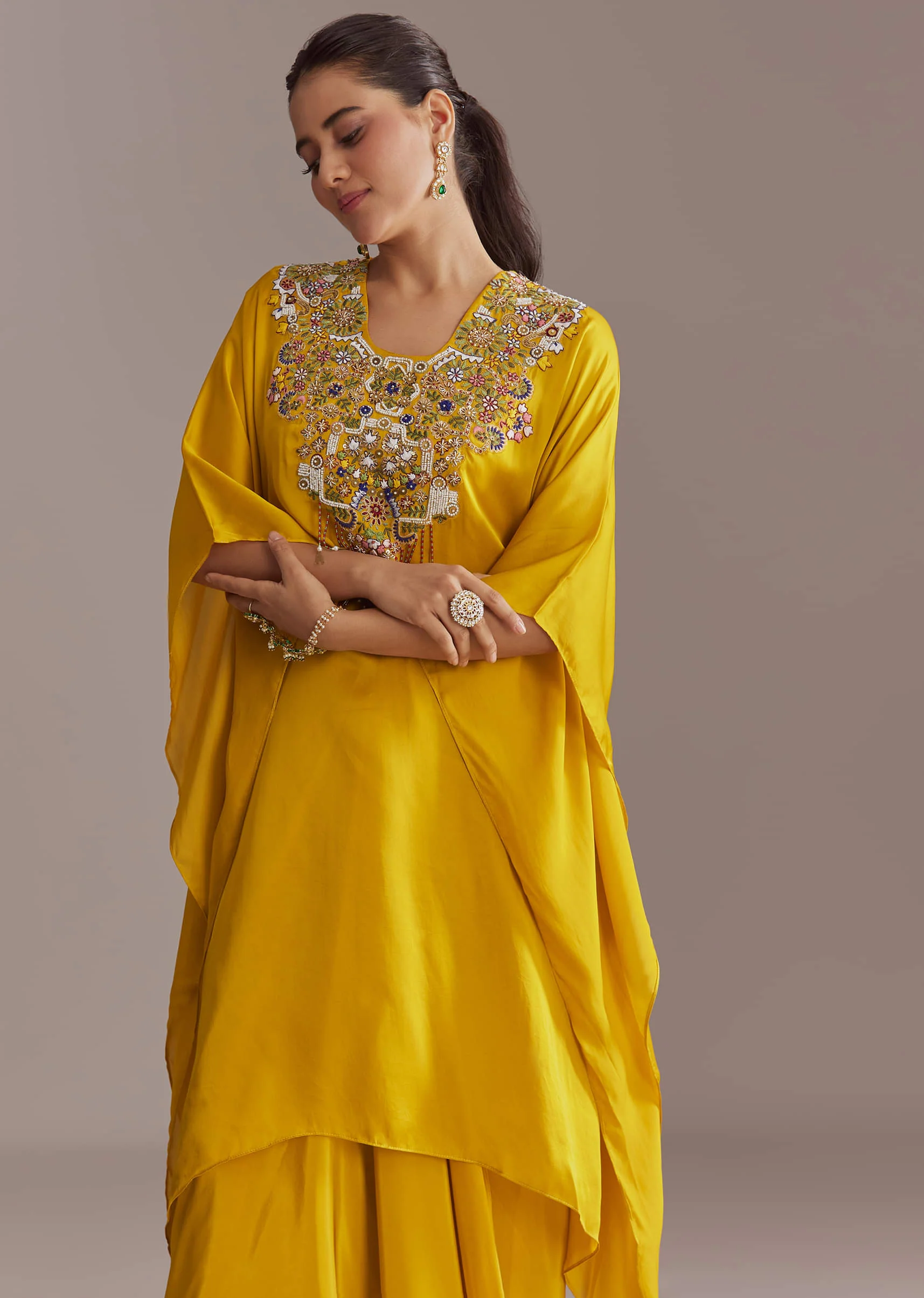 Yellow Organza Kaftan Top And Drape Skirt Set With Resham Work - Image 3