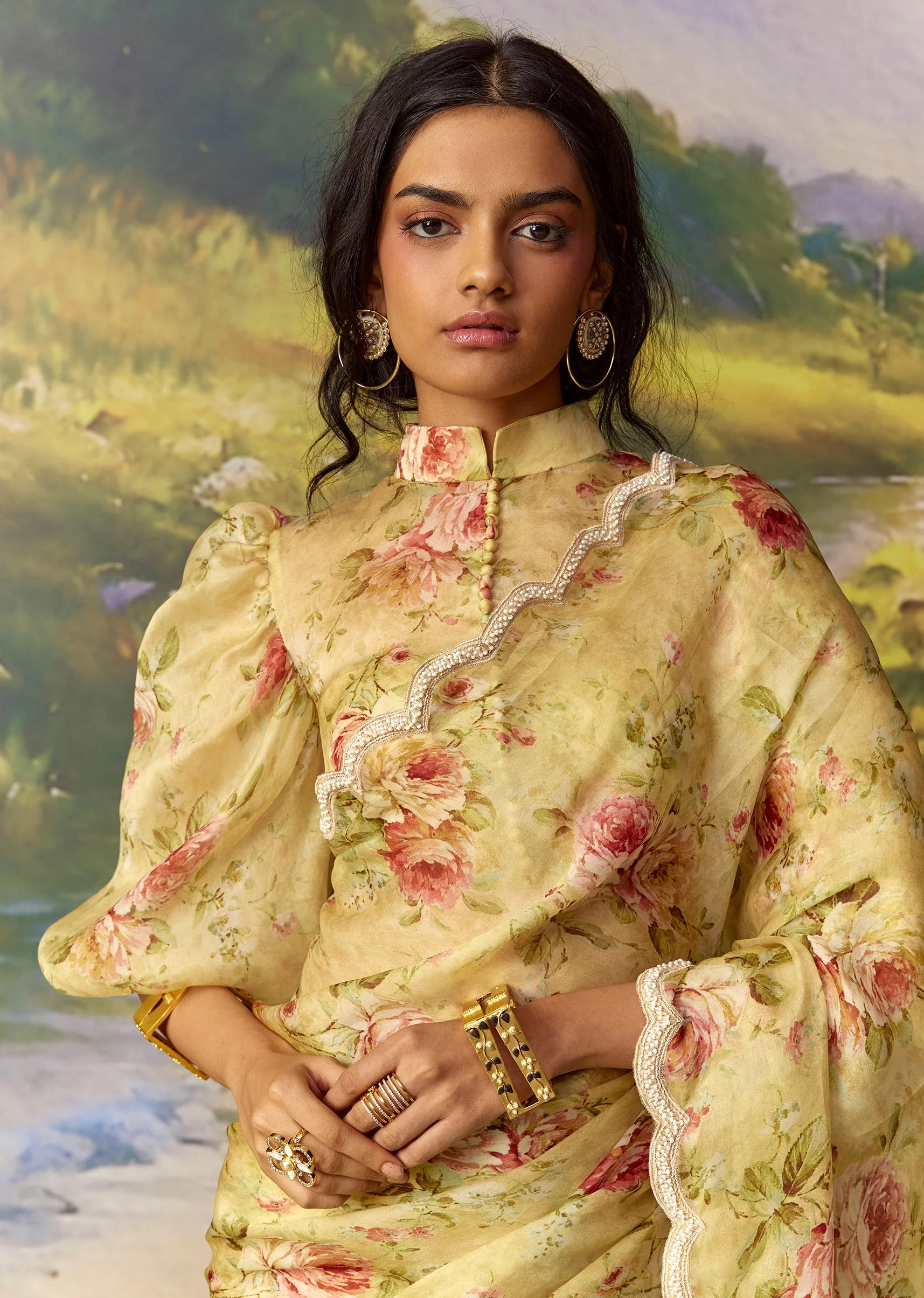 Yellow Organza Ready Pleated Saree Set with Cutdana Work - Image 3