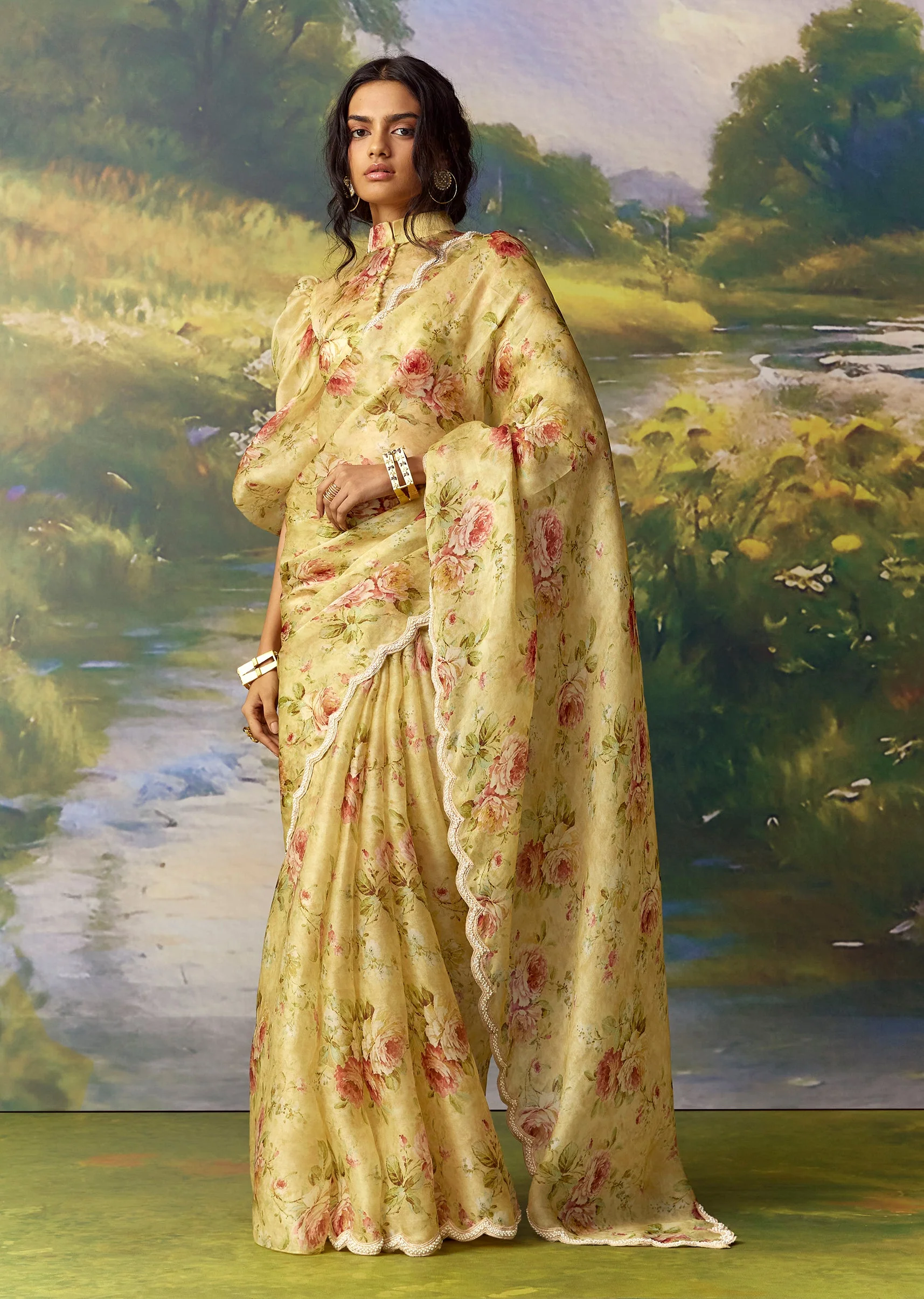 Yellow Organza Ready Pleated Saree Set with Cutdana Work - Image 4