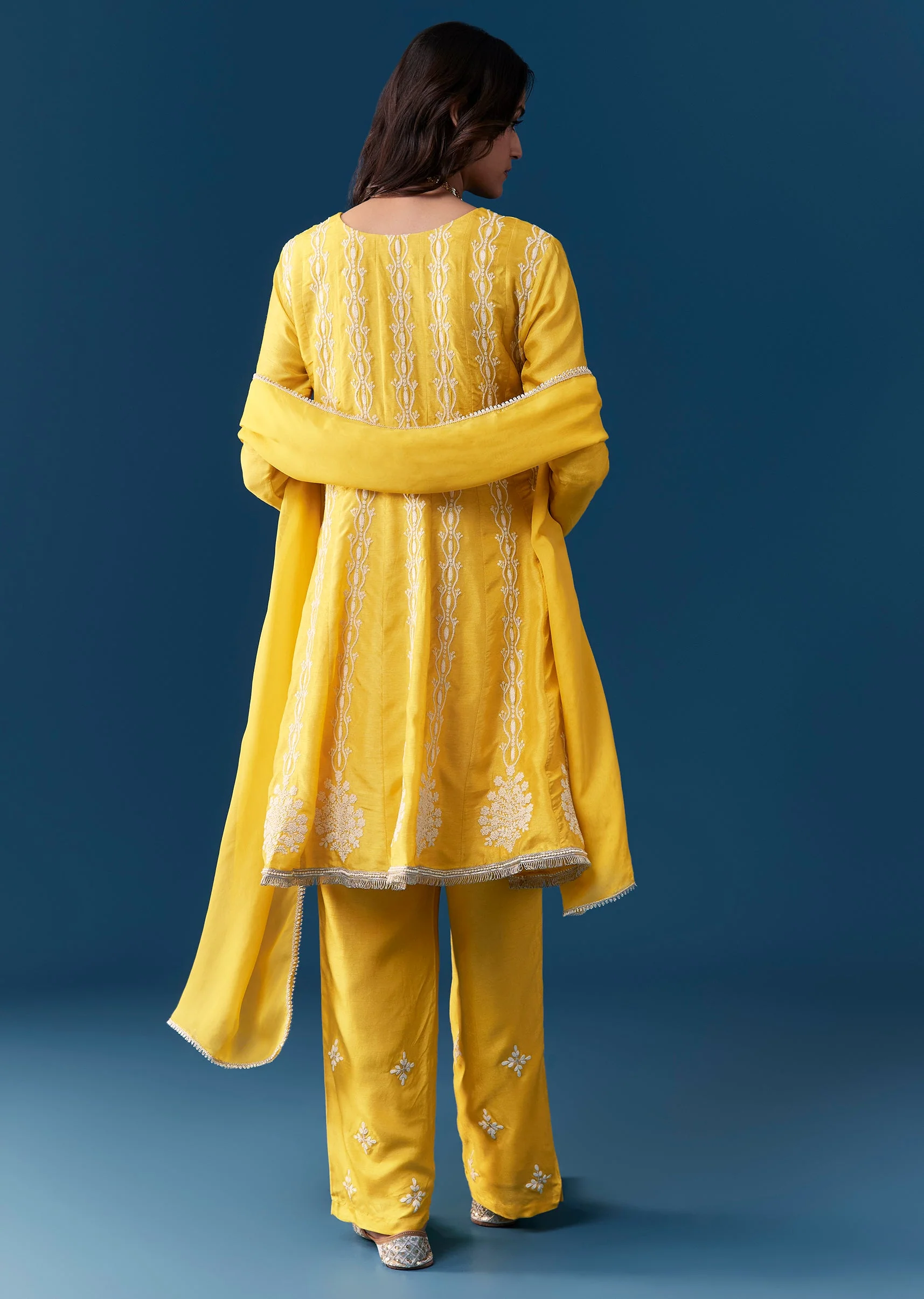 Yellow Pastel Pakistani Style Anarkali Suit With Thread Work - Image 5