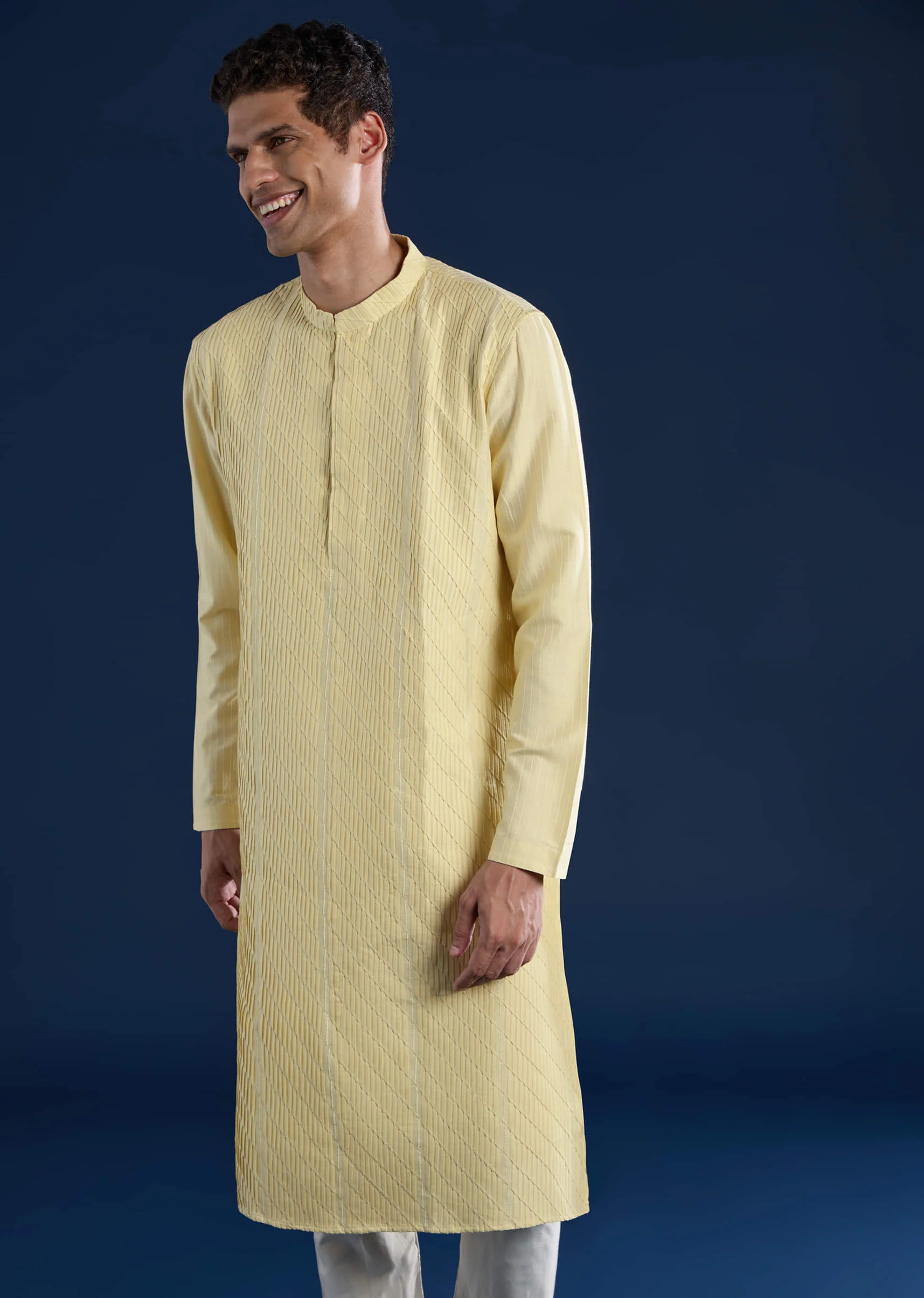 Yellow Pintuck Mens Kurta and Pant Set - Image 3