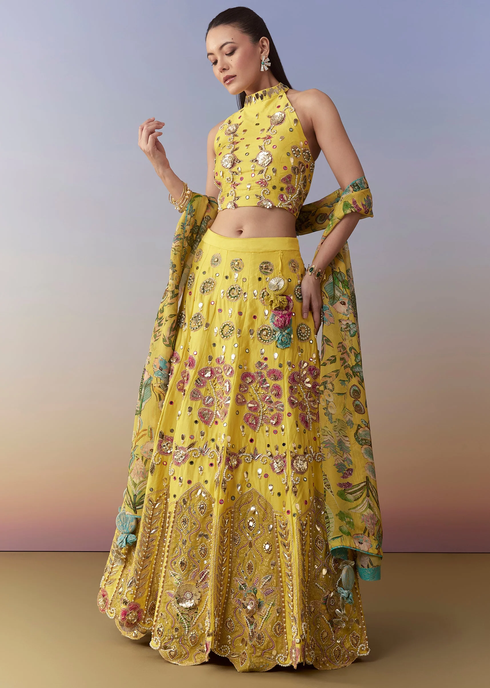 Yellow Printed Bridesmaid Lehenga Set - Image 3
