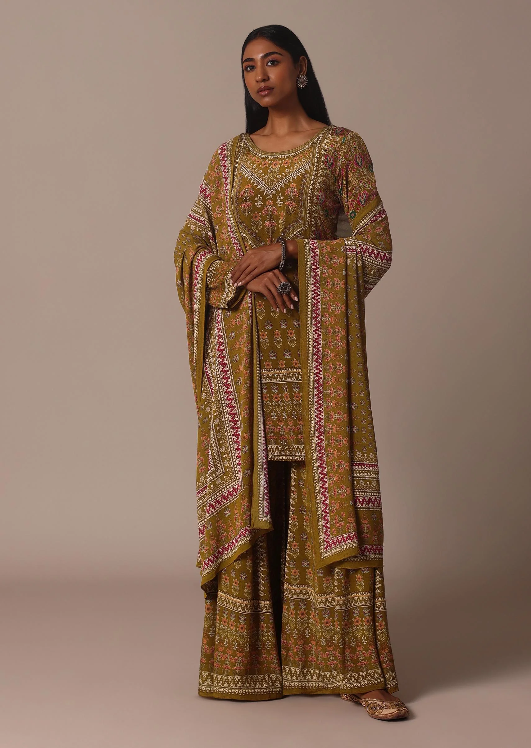 Yellow Printed Chiffon Sharara Set With Stone Work Kurta - Image 3