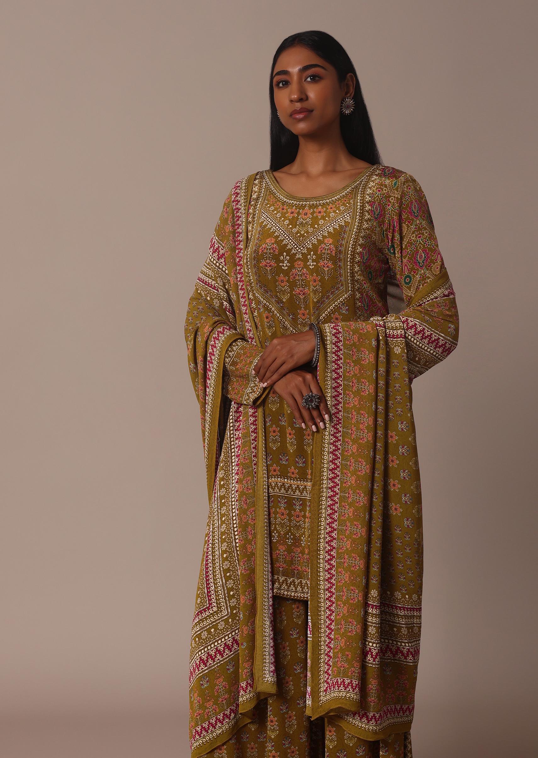 Yellow Printed Chiffon Sharara Set With Stone Work Kurta - Image 4