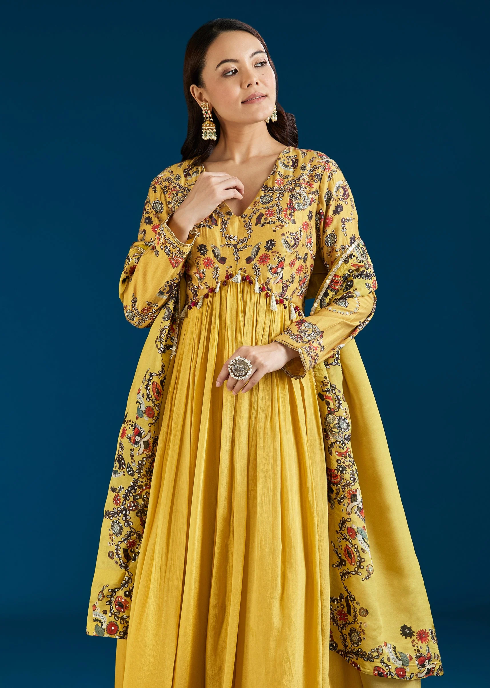 Yellow Printed Chinon Anarkali Suit With Dupatta - Image 4
