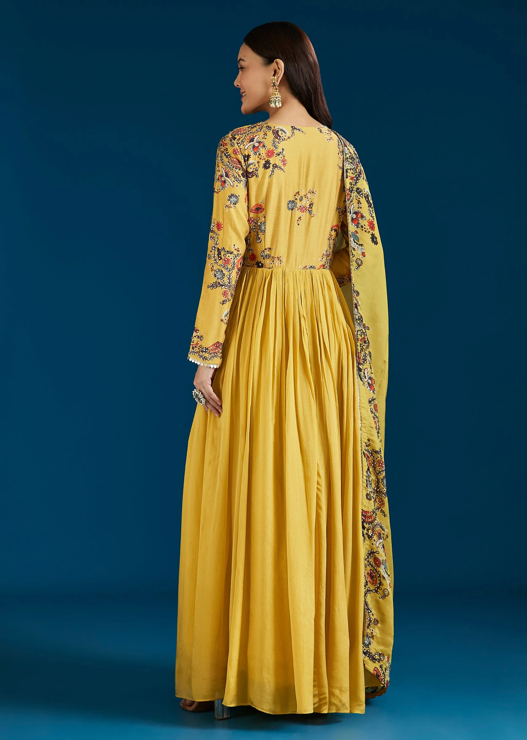 Yellow Printed Chinon Anarkali Suit With Dupatta - Image 5