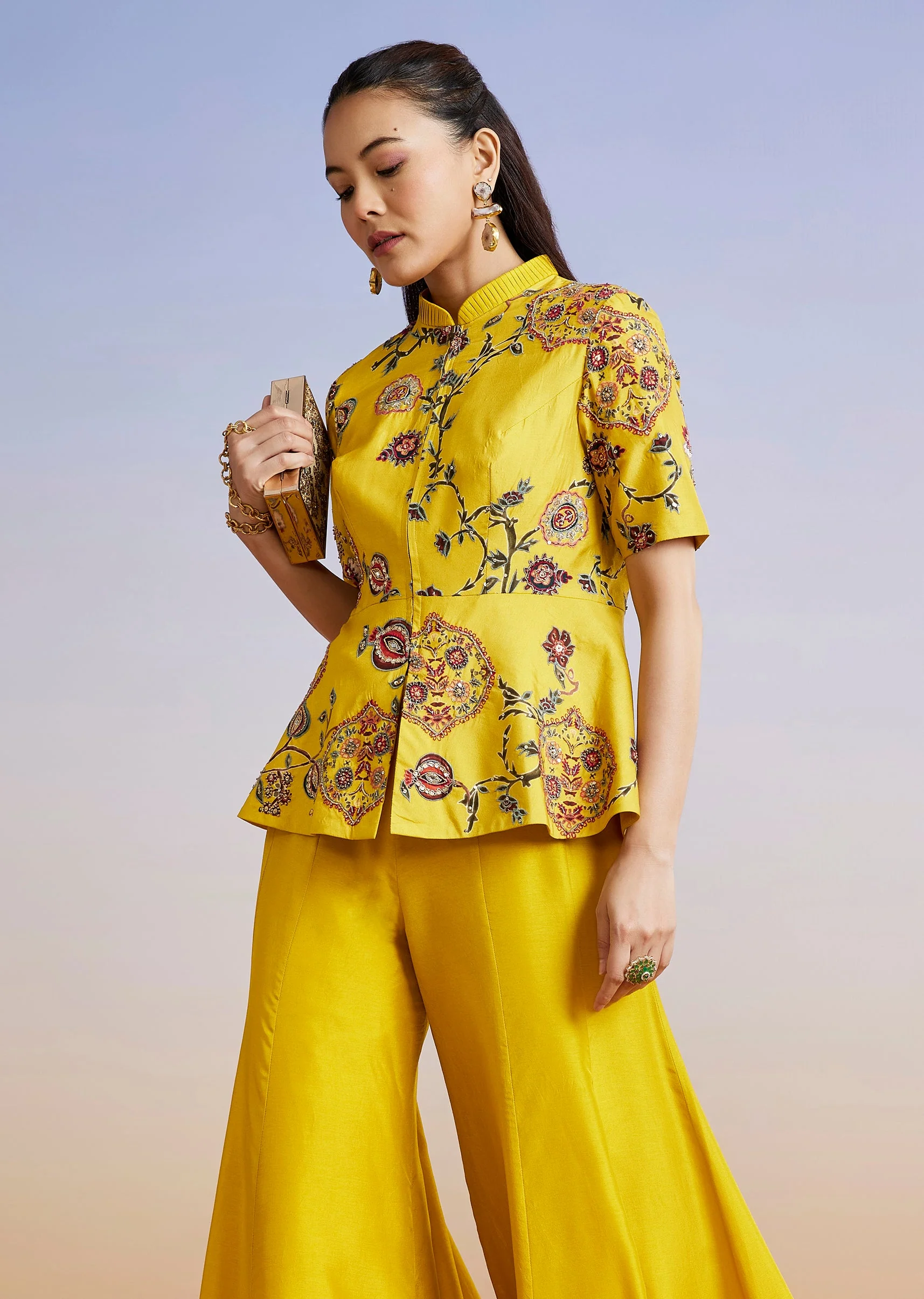 Yellow Printed Peplum Palazzo Set - Image 4