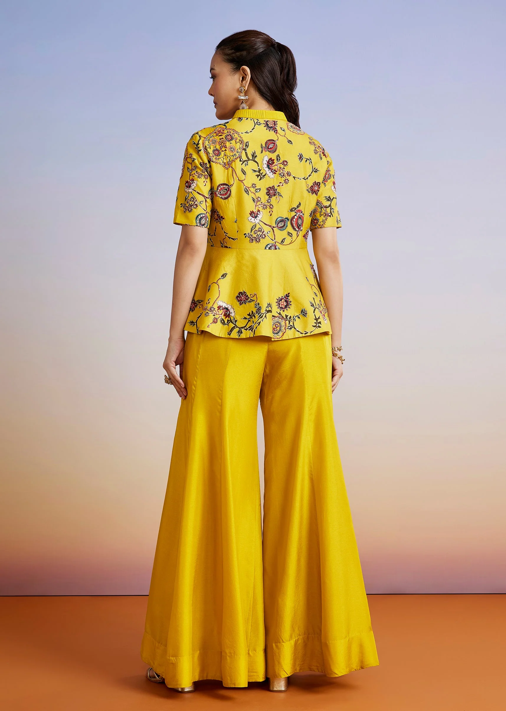 Yellow Printed Peplum Palazzo Set - Image 5
