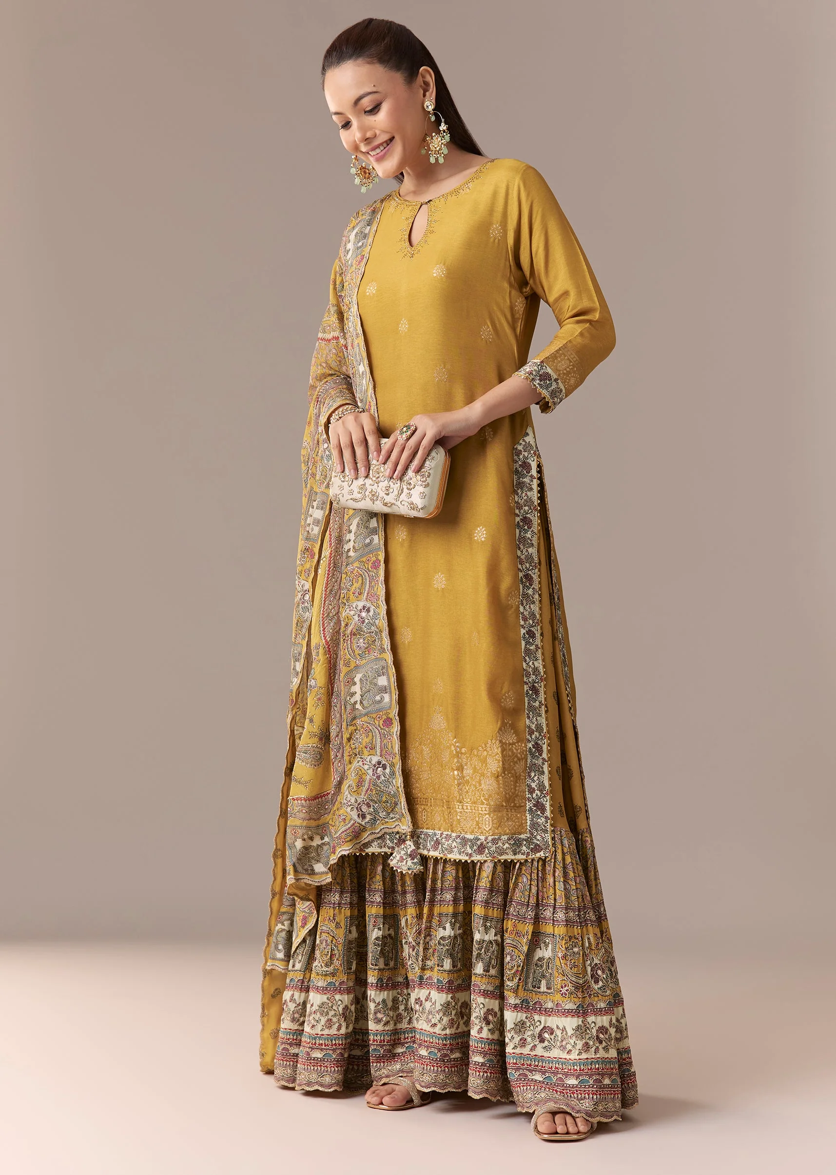 Yellow Printed Sharara Suit Set With Dupatta - Image 3