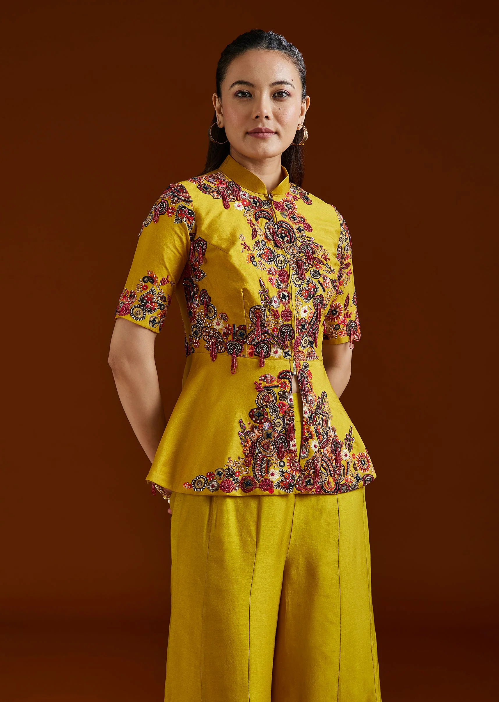 Yellow Printed Silk Blend Peplum Palazzo Set - Image 4
