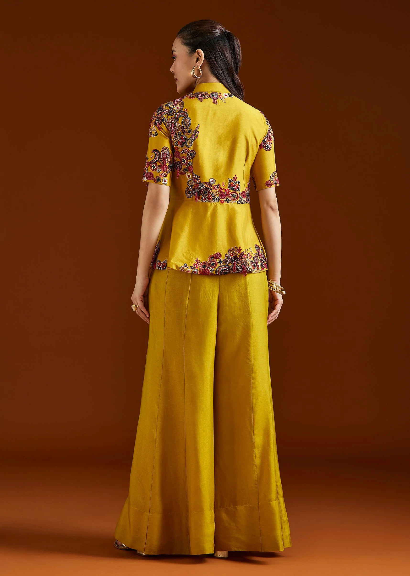 Yellow Printed Silk Blend Peplum Palazzo Set - Image 5