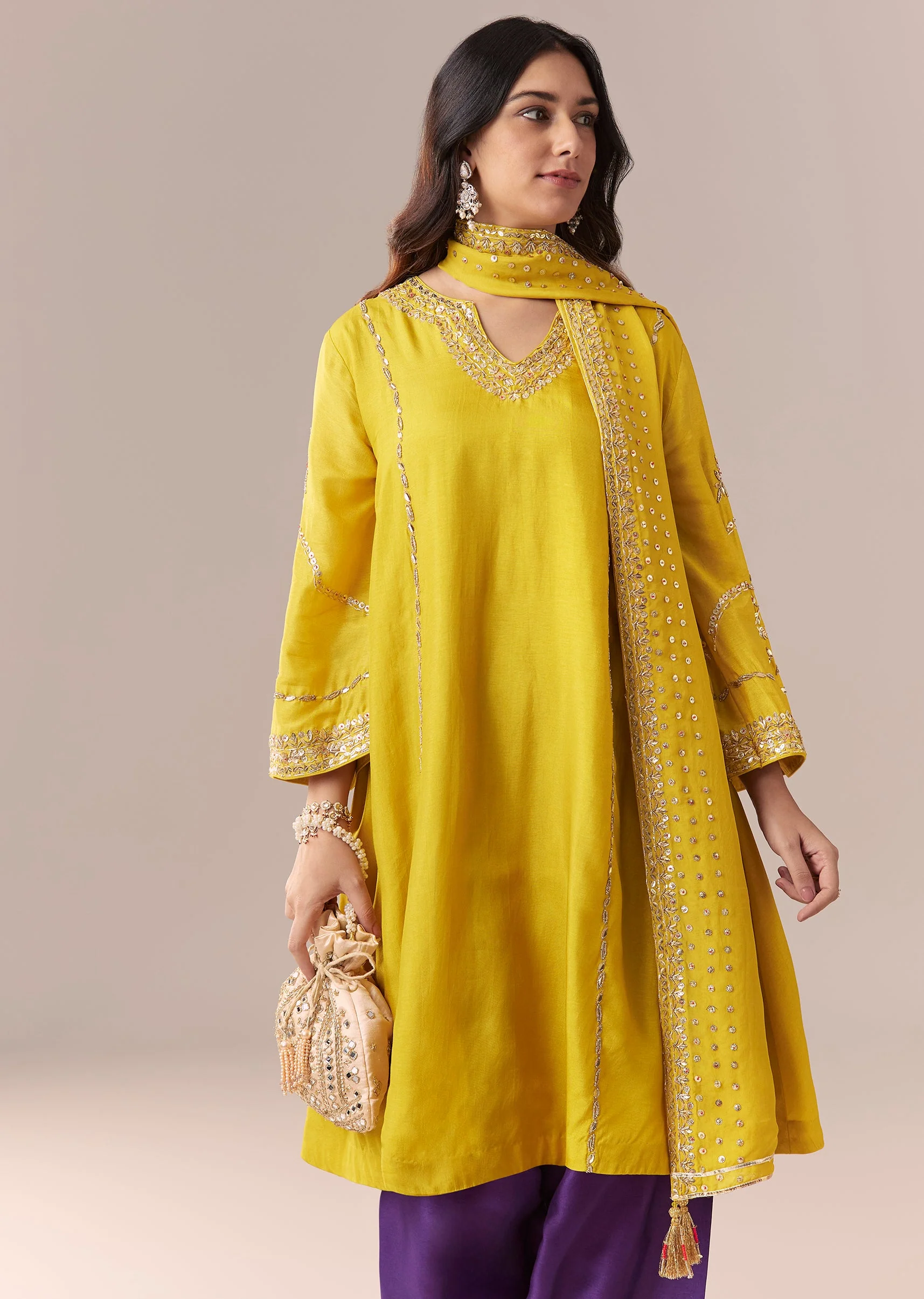 Yellow Purple Embellished Kurta Set With Salwar And Dupatta - Image 4