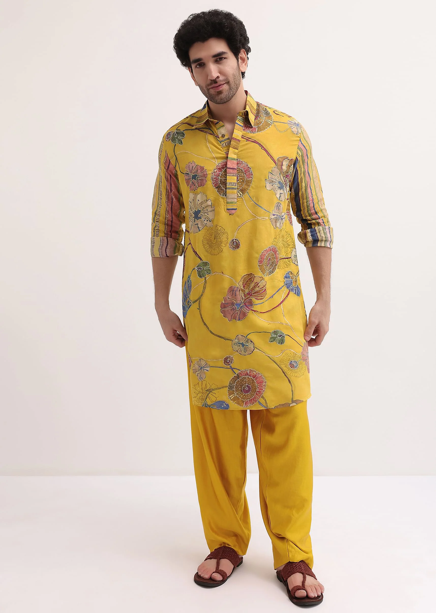 Yellow Resham Work Kurta Patiala Set For Men - Image 2
