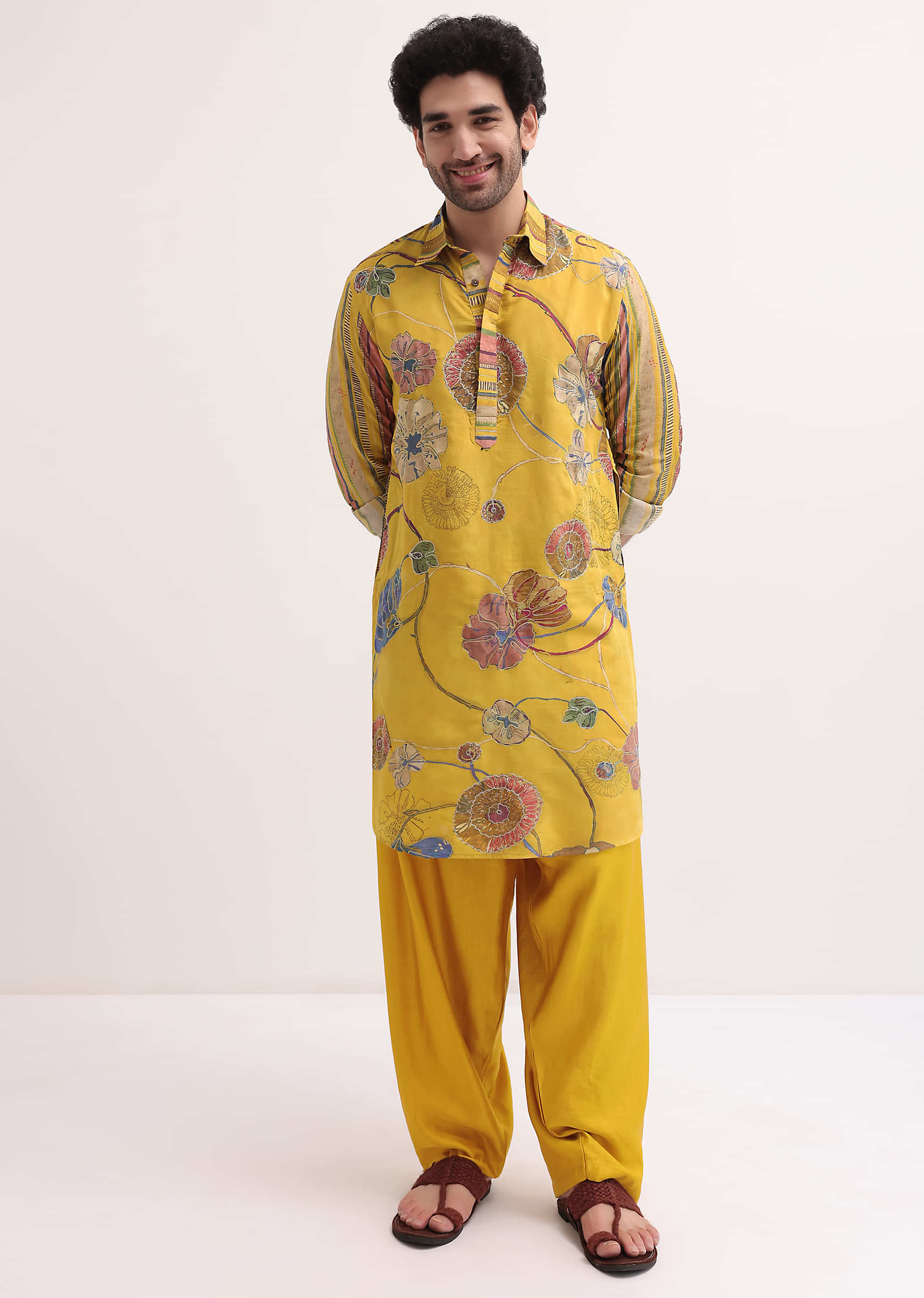 Yellow Resham Work Kurta Patiala Set For Men - Image 4