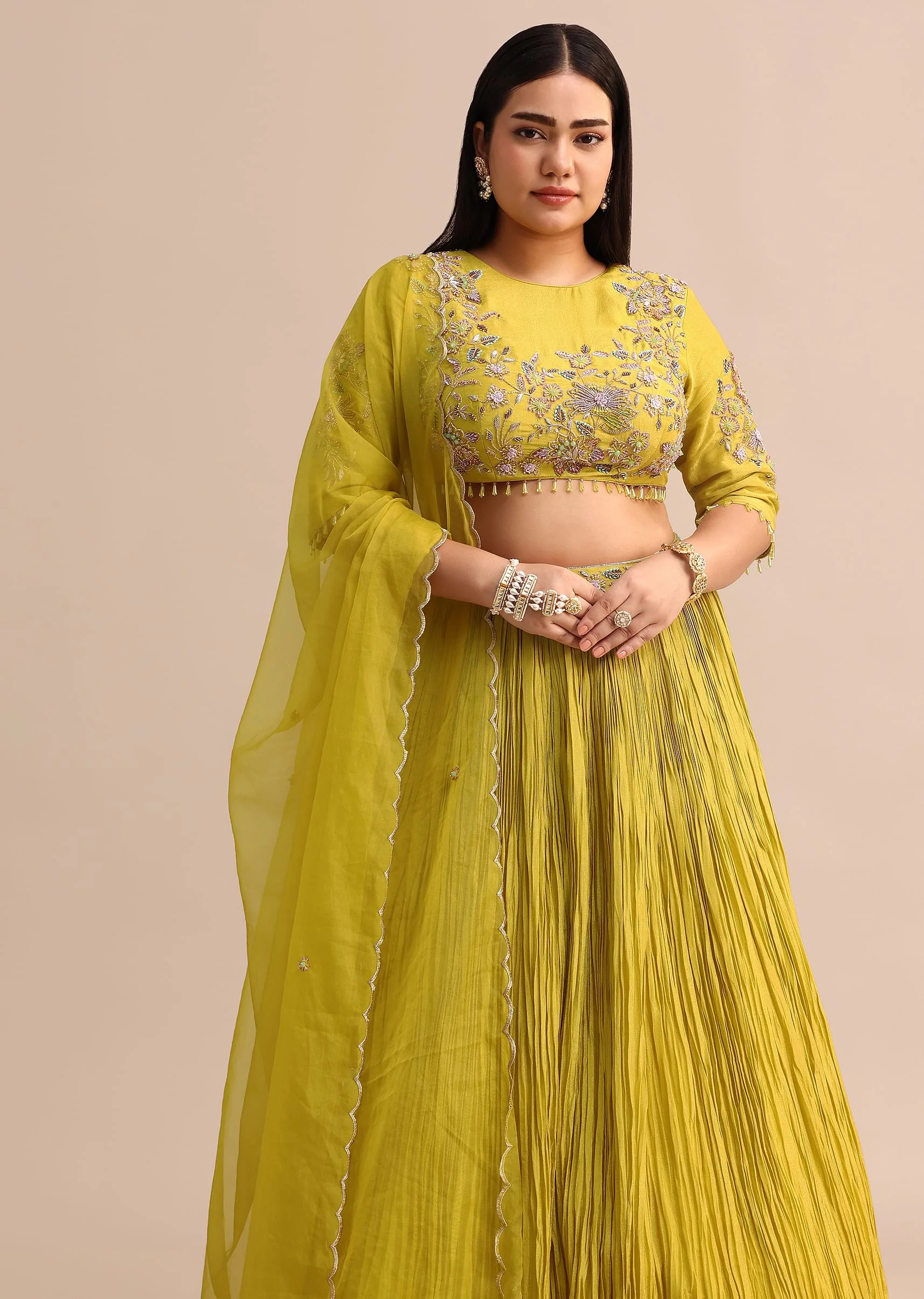 Yellow Ruched Lehenga With Embroidered Blouse And Dupatta - Image 4