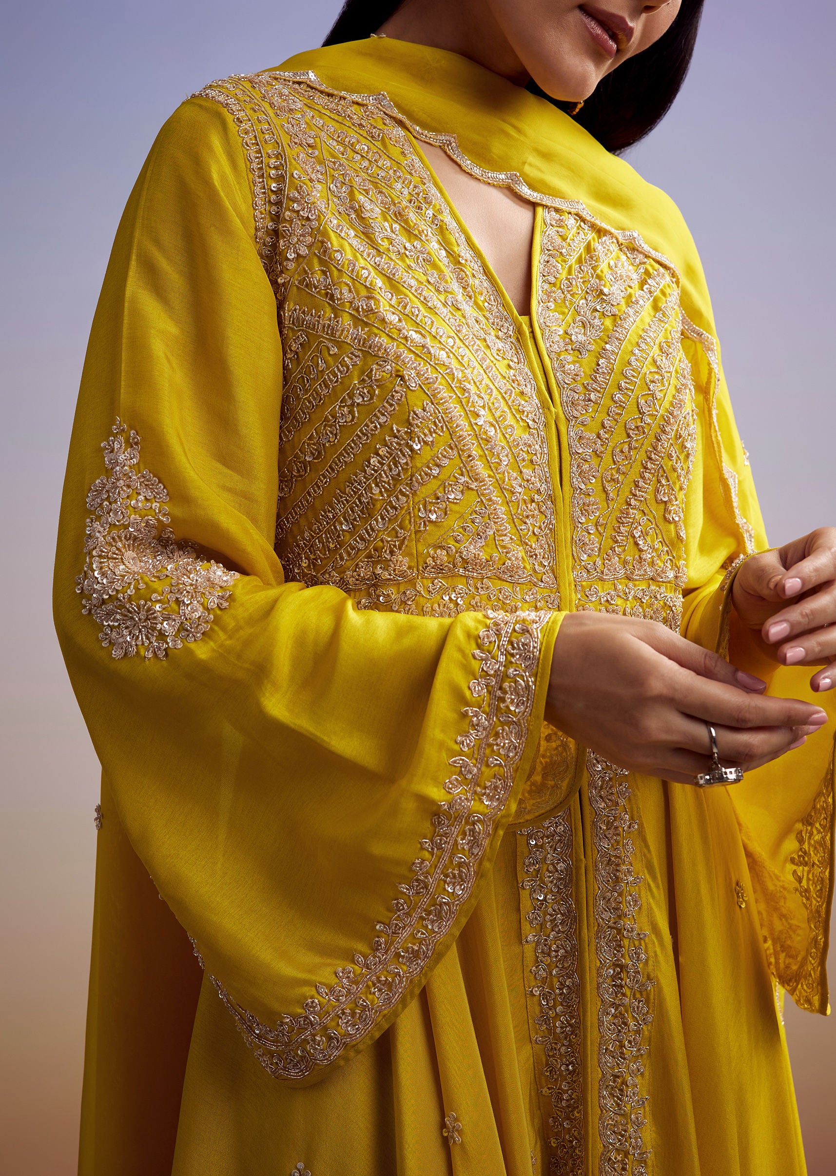 Yellow Russian Silk Palazzo Suit With Cut Dana And Sequins Work - Image 2