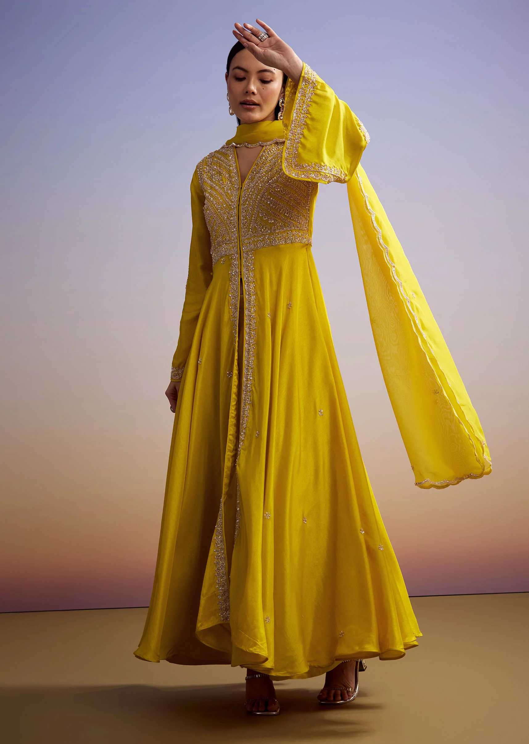Yellow Russian Silk Palazzo Suit With Cut Dana And Sequins Work - Image 3