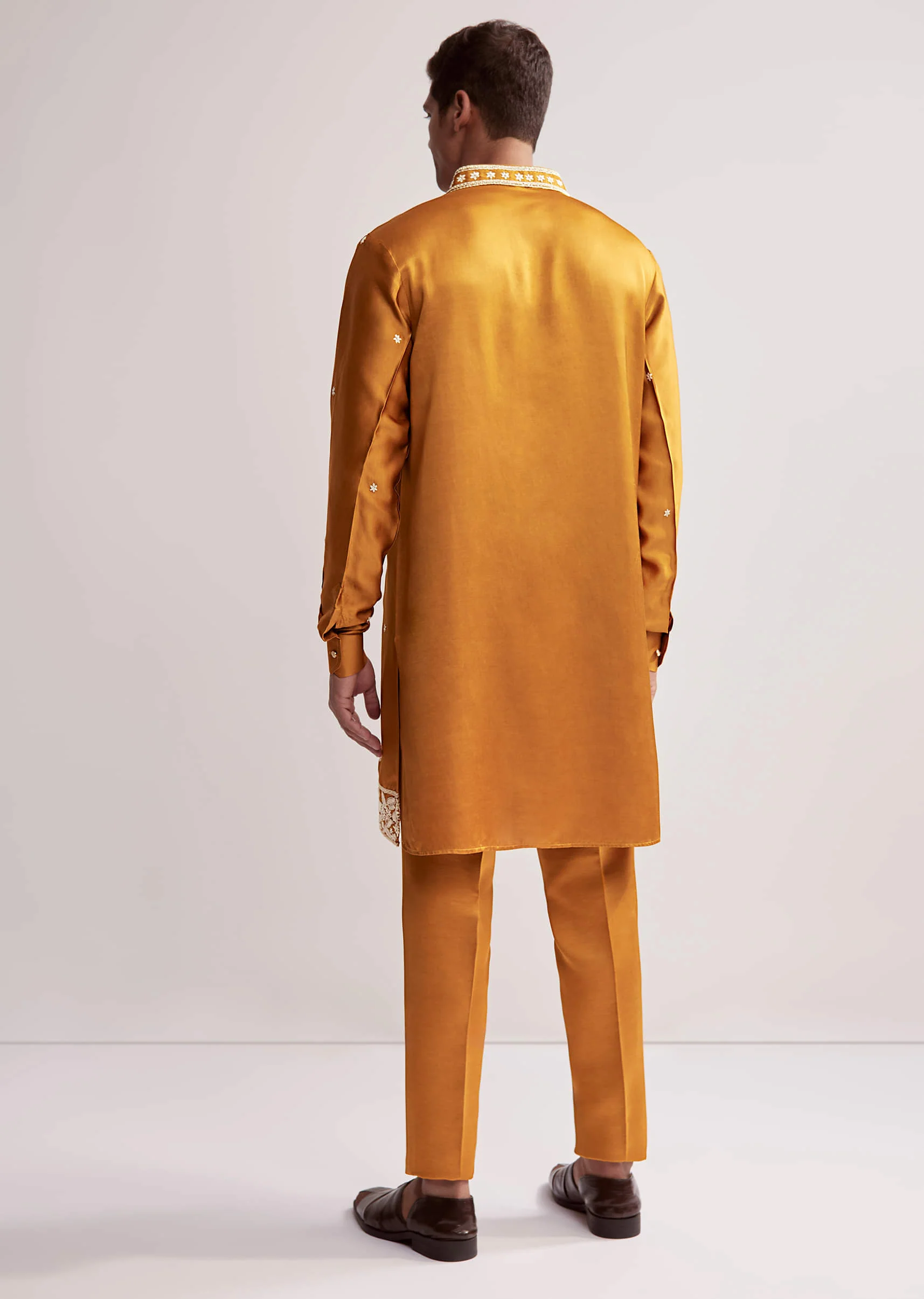 Yellow Satin Blend Kurta Set For Men With Hand Embroidered Buttis - Image 5