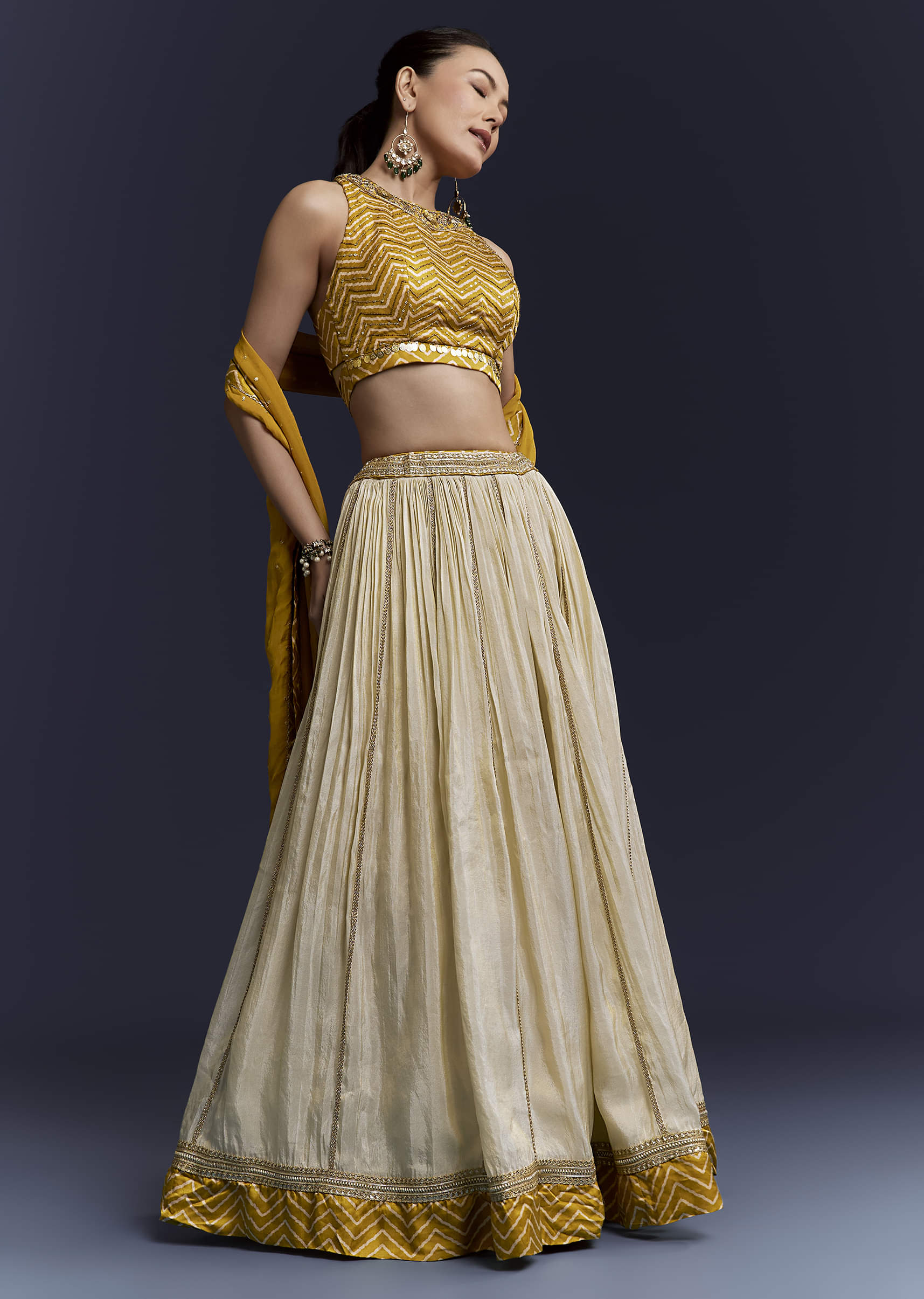 Yellow Satin Bridesmaid Lehenga With Hand Dyed Chevron Print Choli - Image 4
