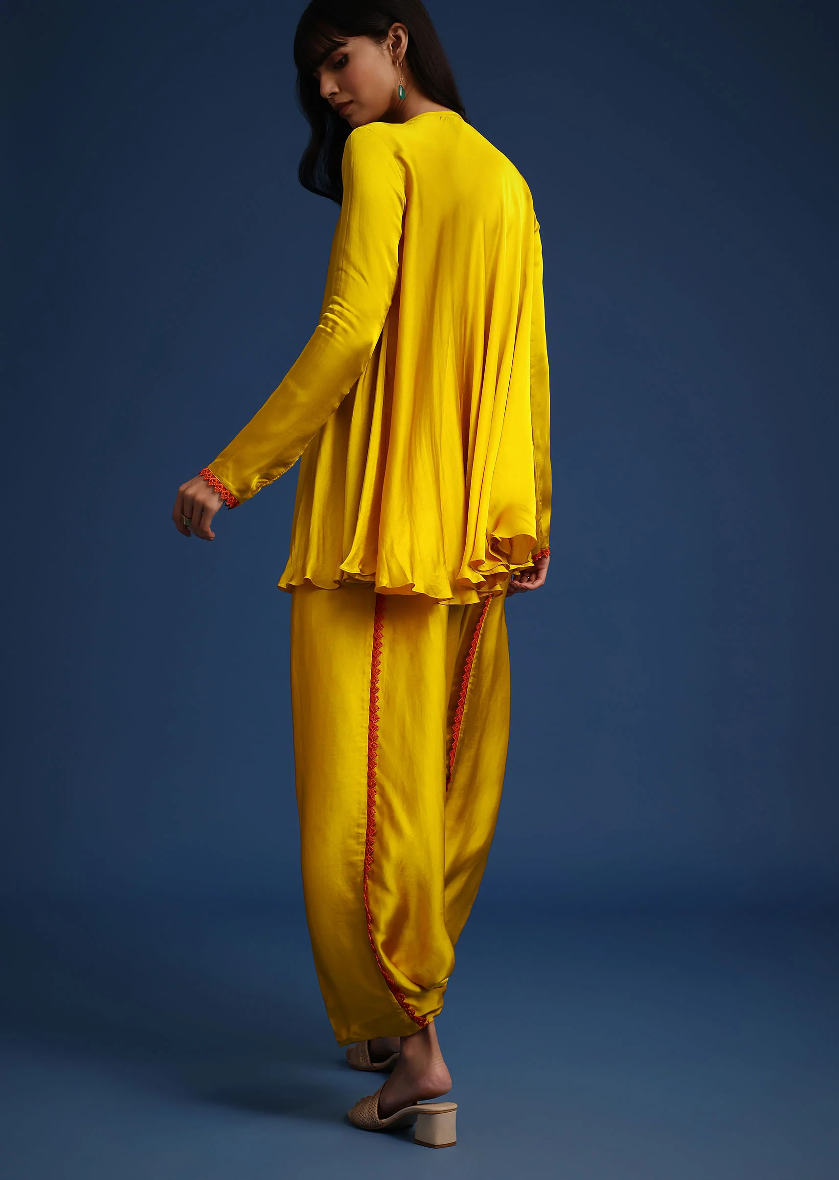 Yellow Satin Kurta And Dhoti Set - Image 3